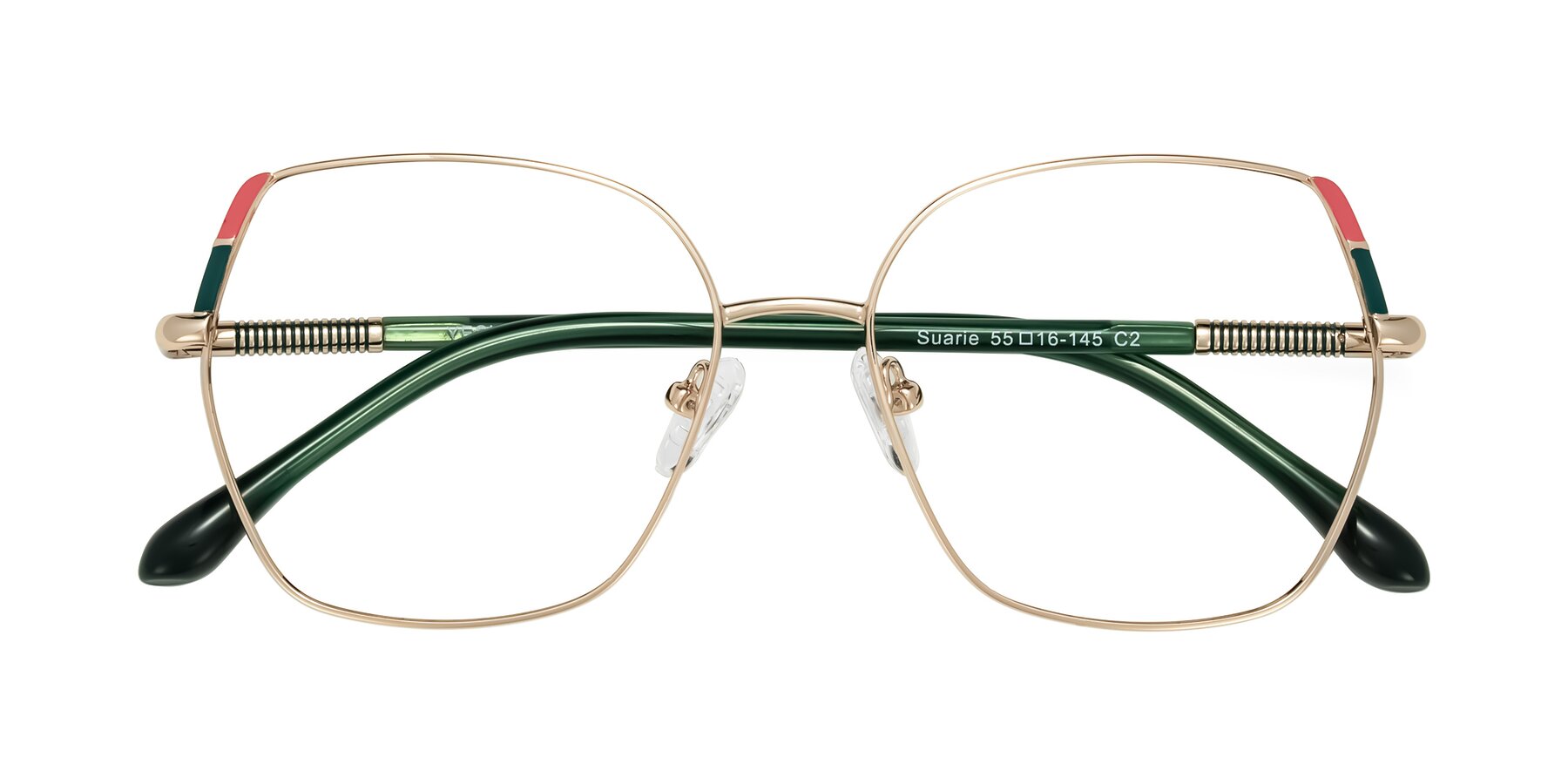 Folded Front of Suarie in Gold/Green with Clear Blue Light Blocking Lenses