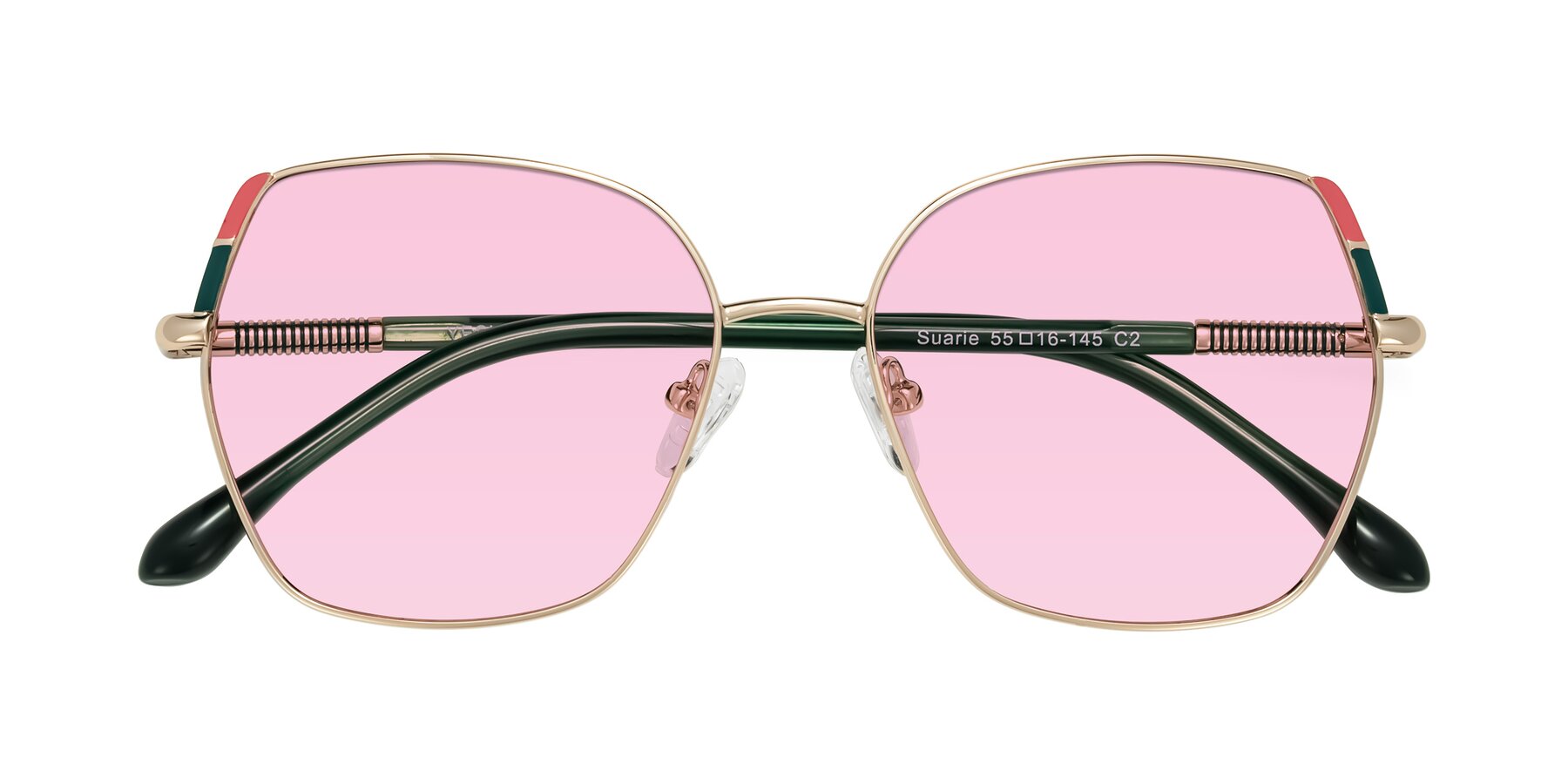 Folded Front of Suarie in Gold/Green with Light Pink Tinted Lenses