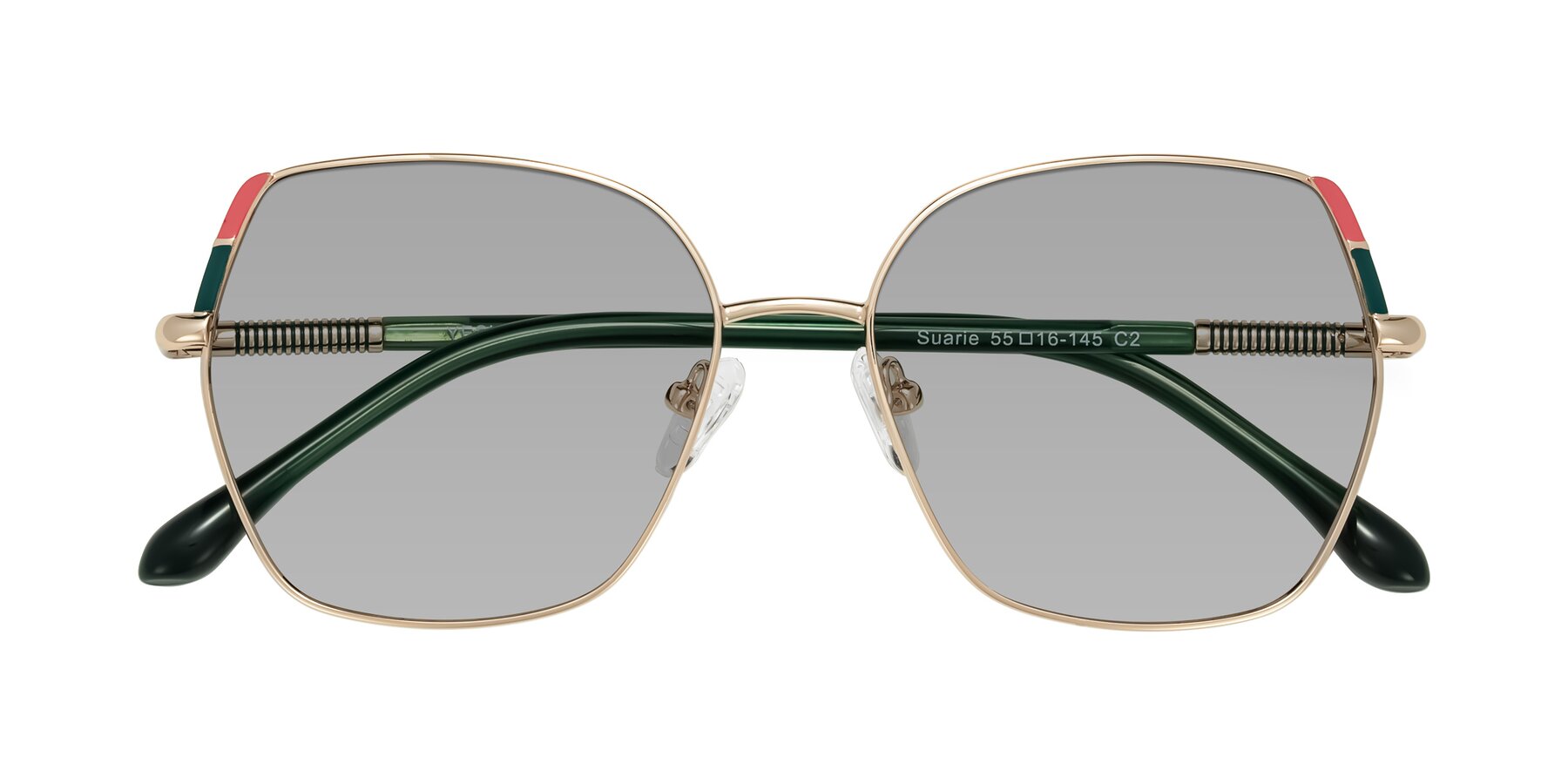 Folded Front of Suarie in Gold/Green with Light Gray Tinted Lenses