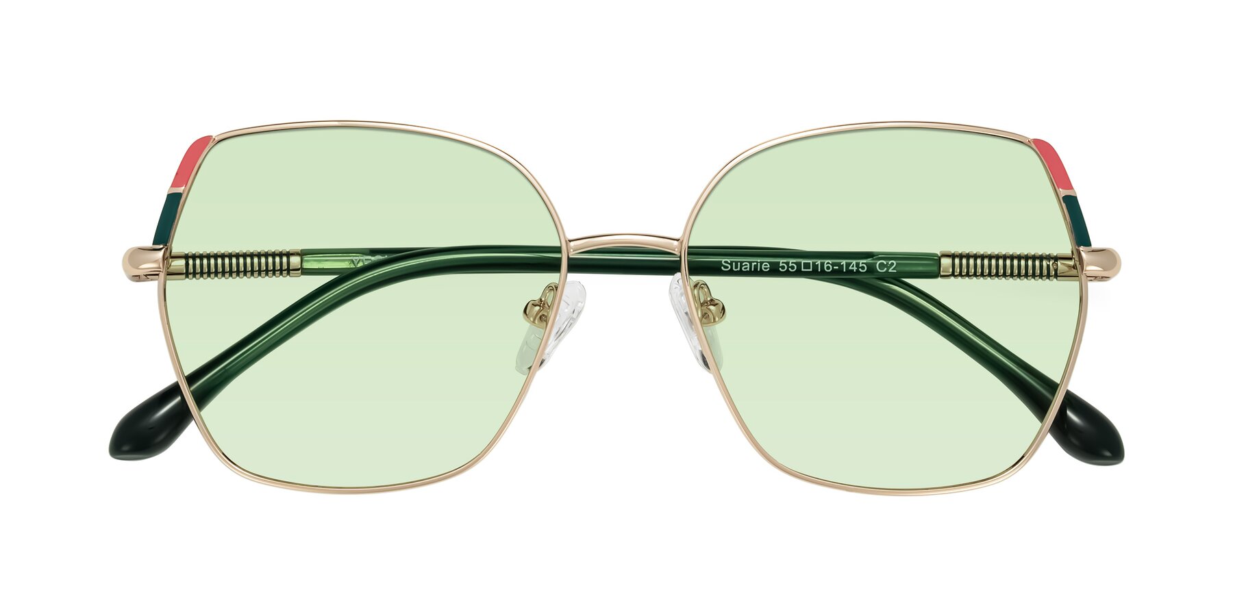 Folded Front of Suarie in Gold/Green with Light Green Tinted Lenses