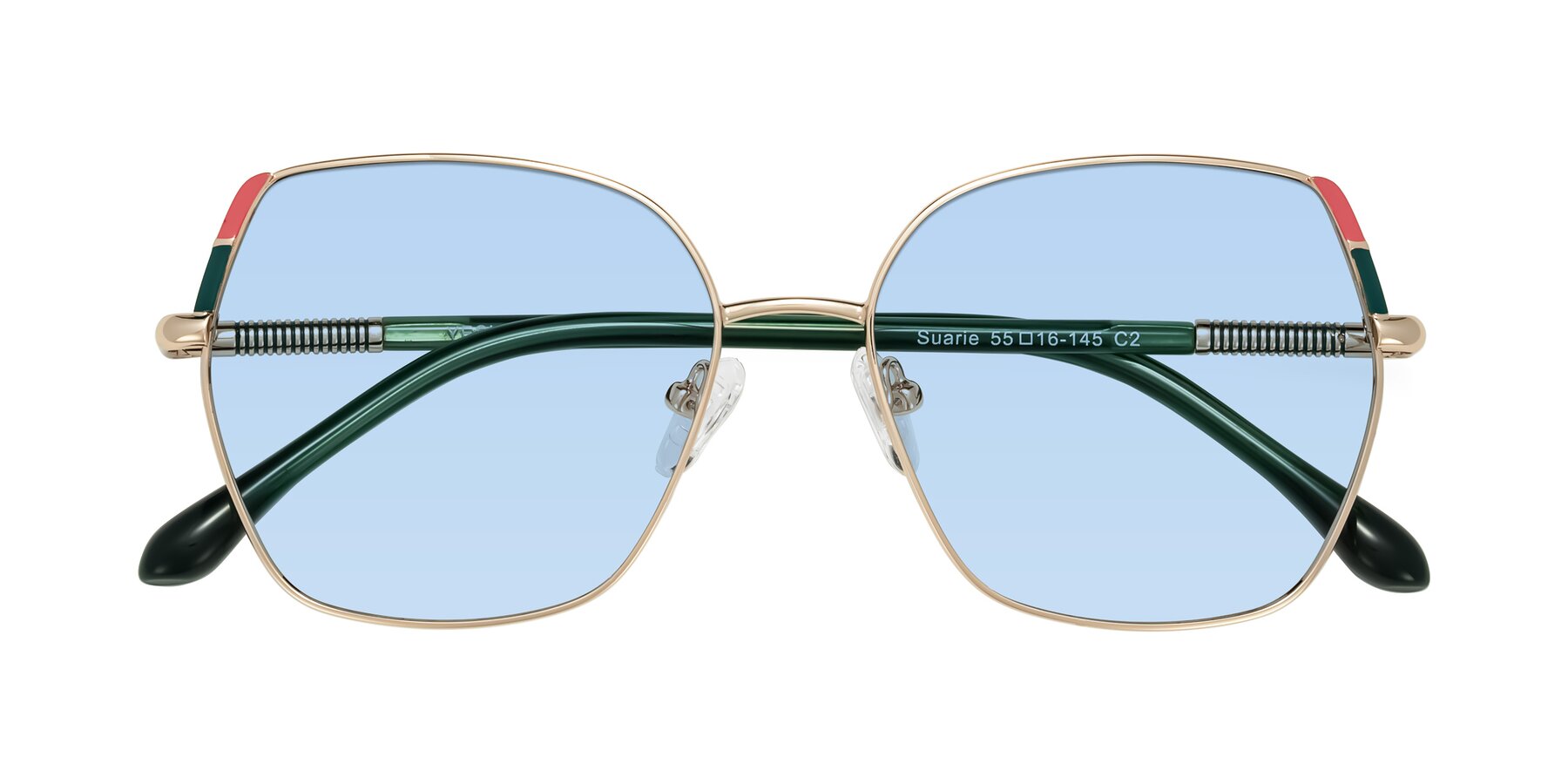 Folded Front of Suarie in Gold/Green with Light Blue Tinted Lenses