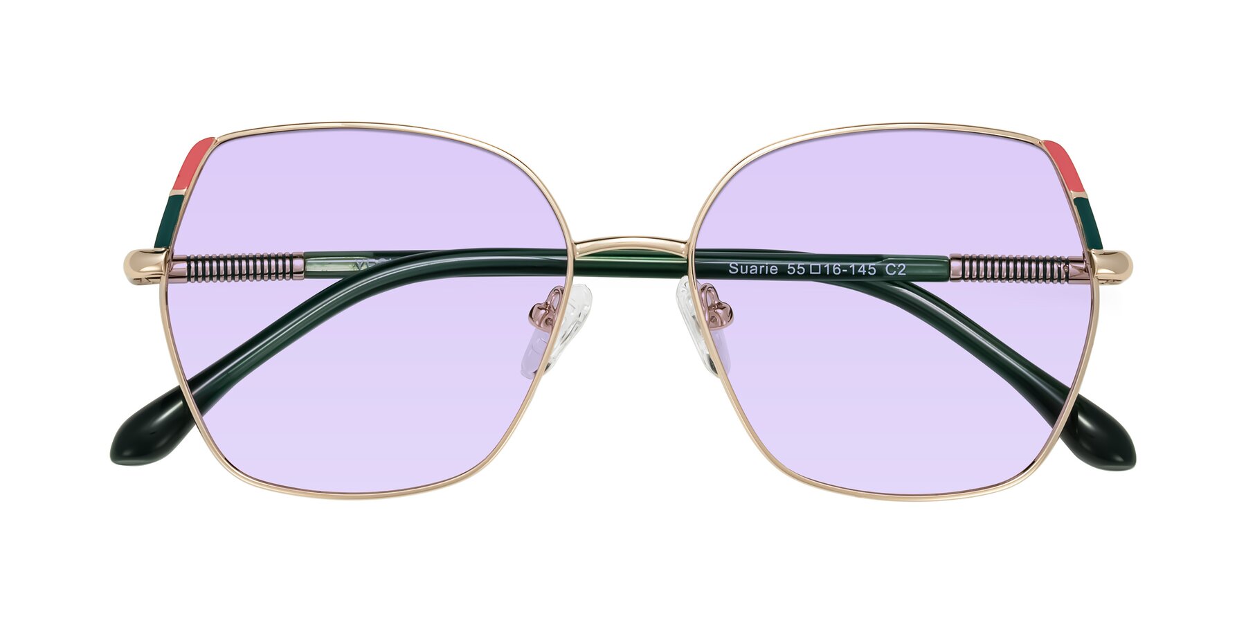 Folded Front of Suarie in Gold/Green with Light Purple Tinted Lenses