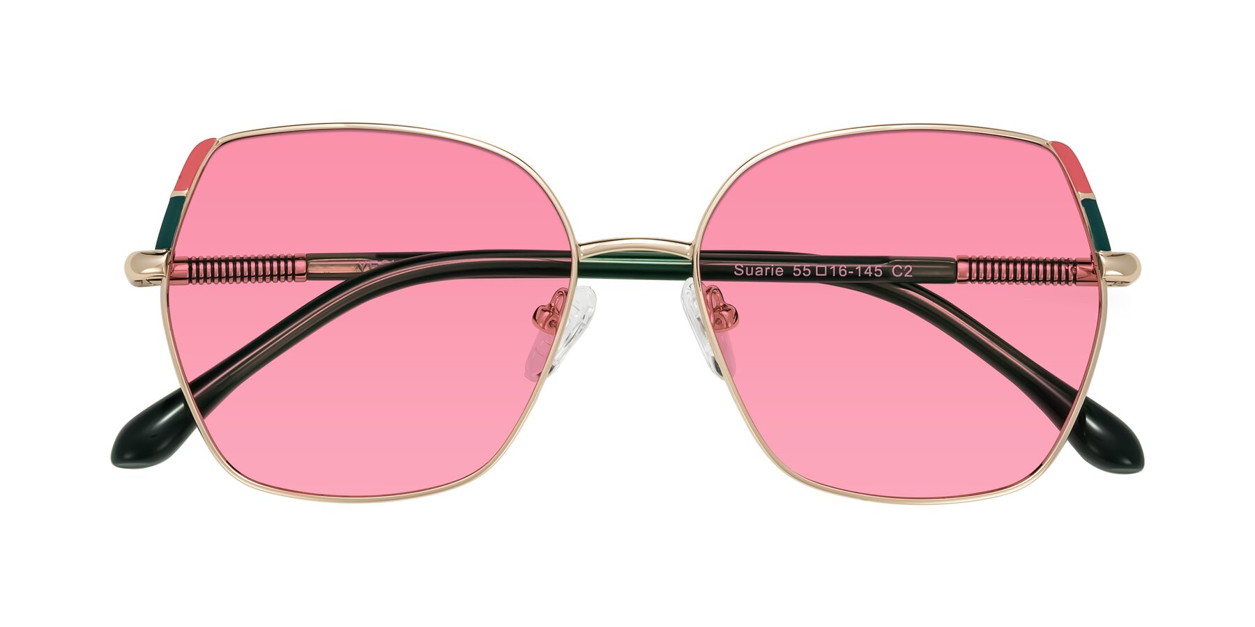 Folded Front of Suarie in Gold/Green with Pink Tinted Lenses
