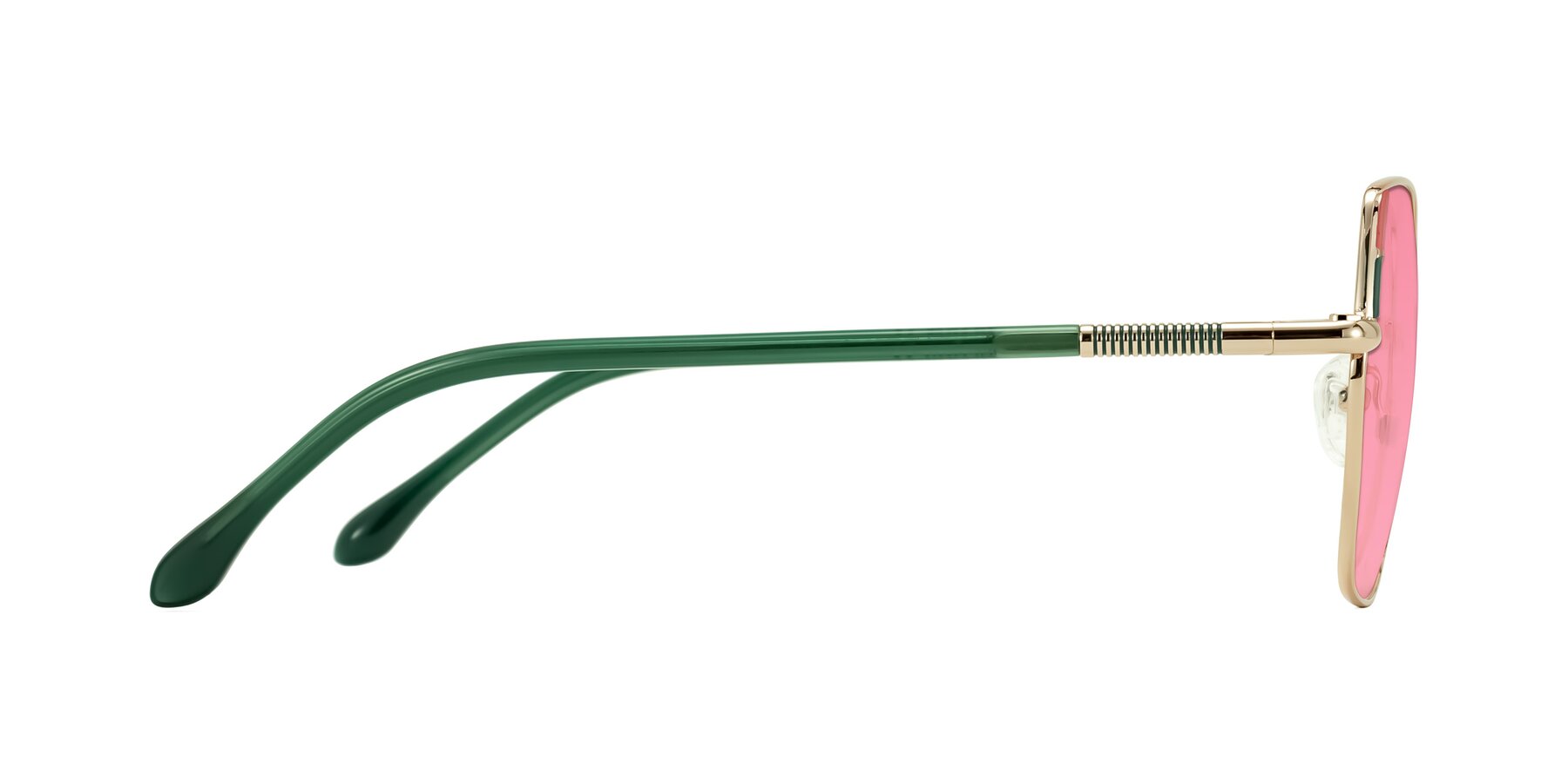 Side of Suarie in Gold/Green with Pink Tinted Lenses