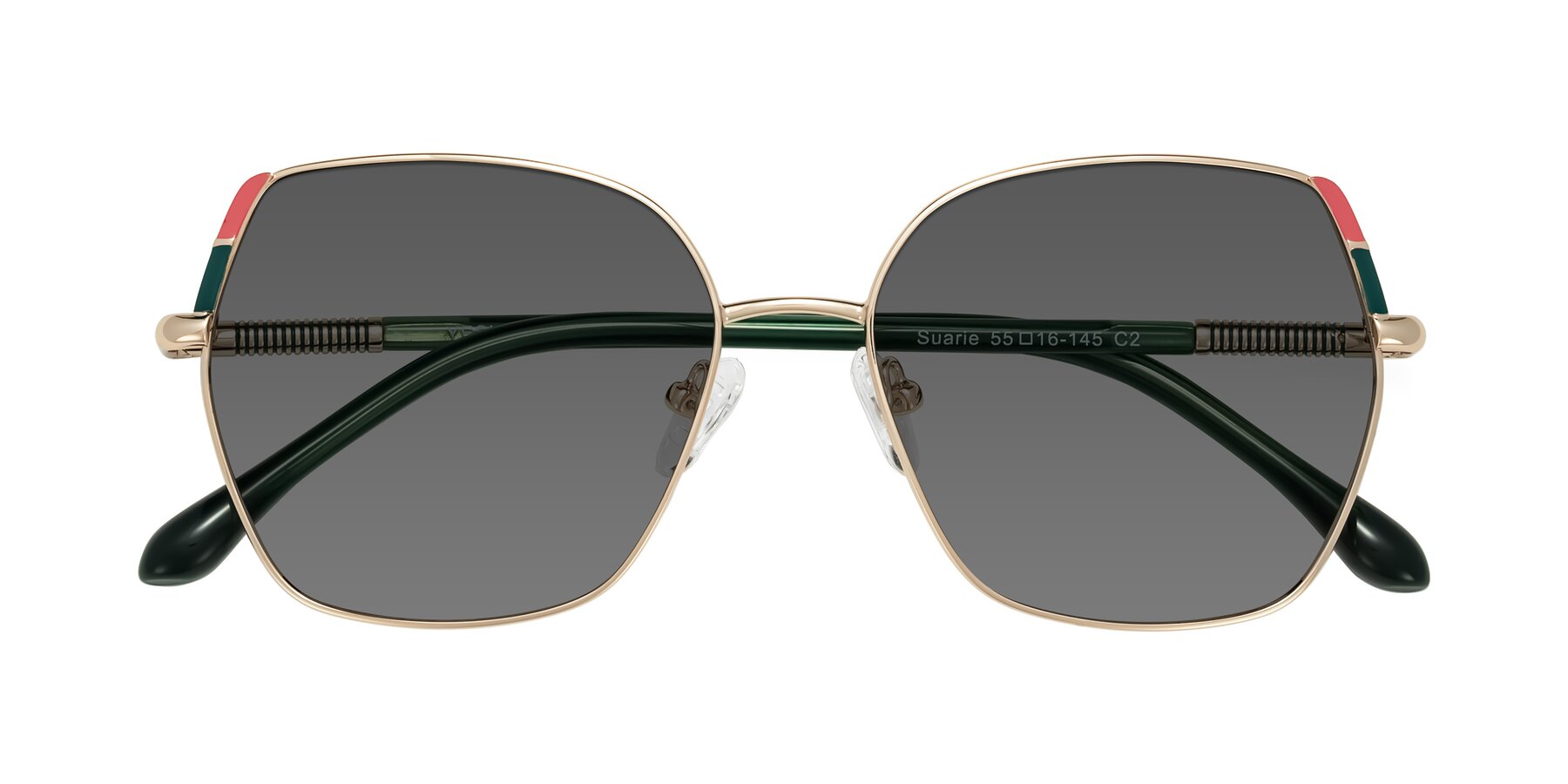 Folded Front of Suarie in Gold/Green with Medium Gray Tinted Lenses
