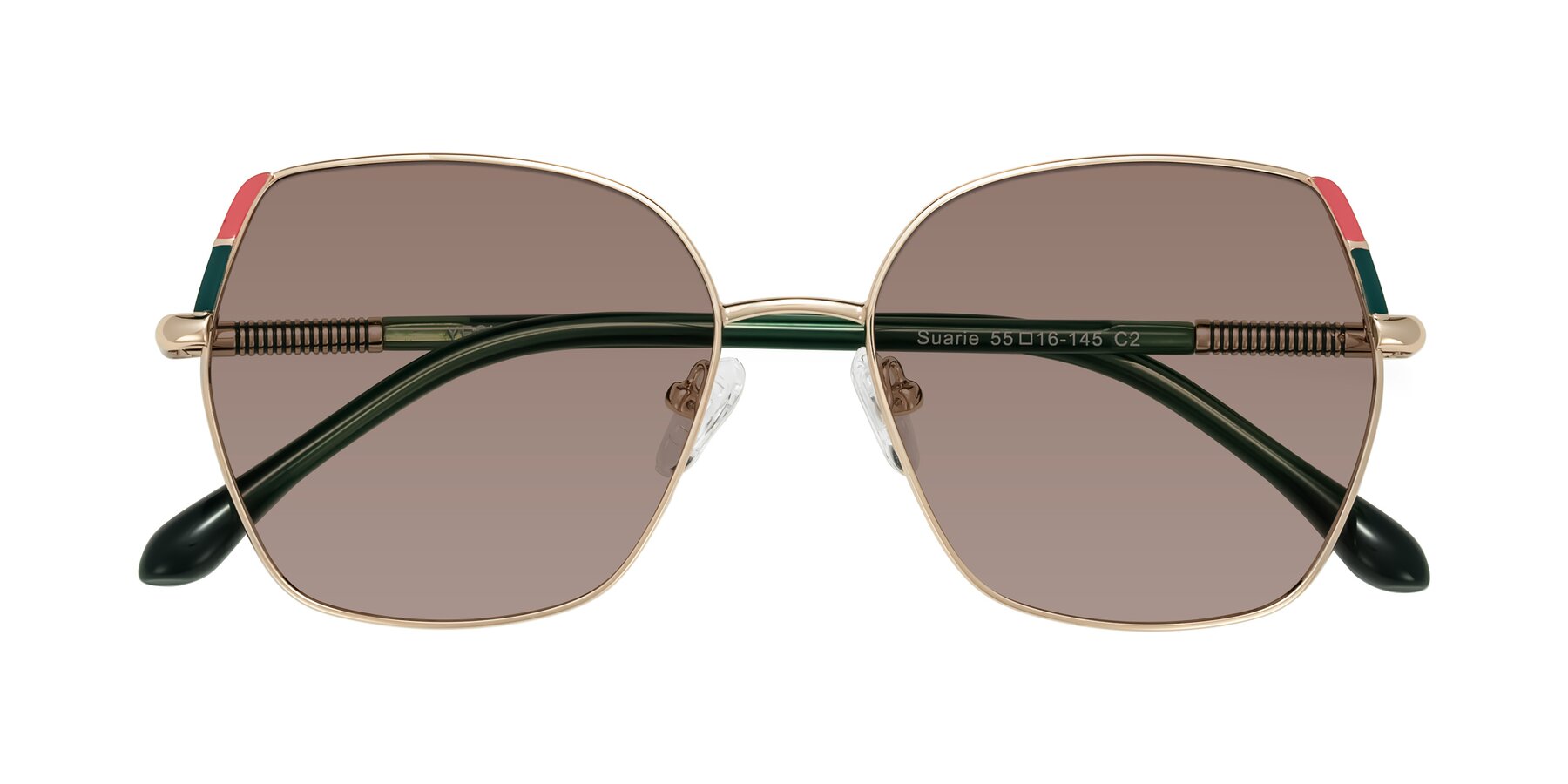 Folded Front of Suarie in Gold/Green with Medium Brown Tinted Lenses