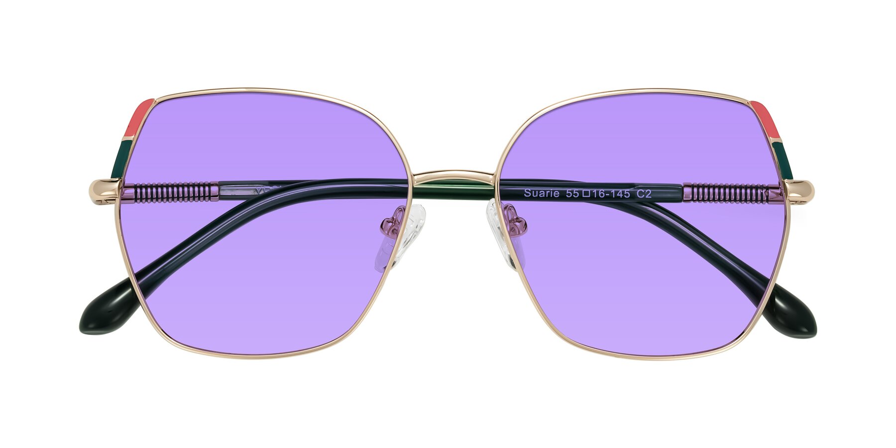 Folded Front of Suarie in Gold/Green with Medium Purple Tinted Lenses