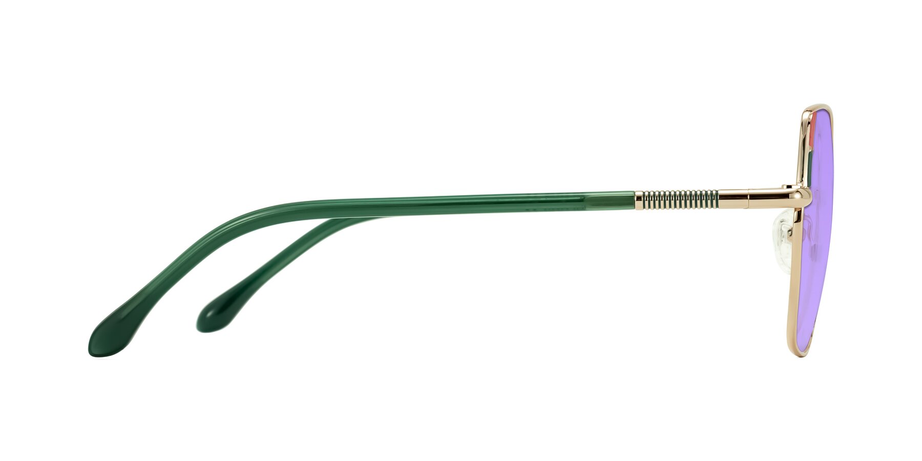Side of Suarie in Gold/Green with Medium Purple Tinted Lenses