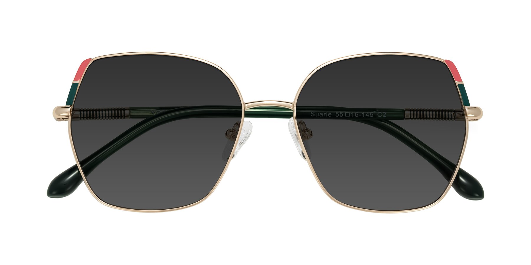Folded Front of Suarie in Gold/Green with Gray Tinted Lenses