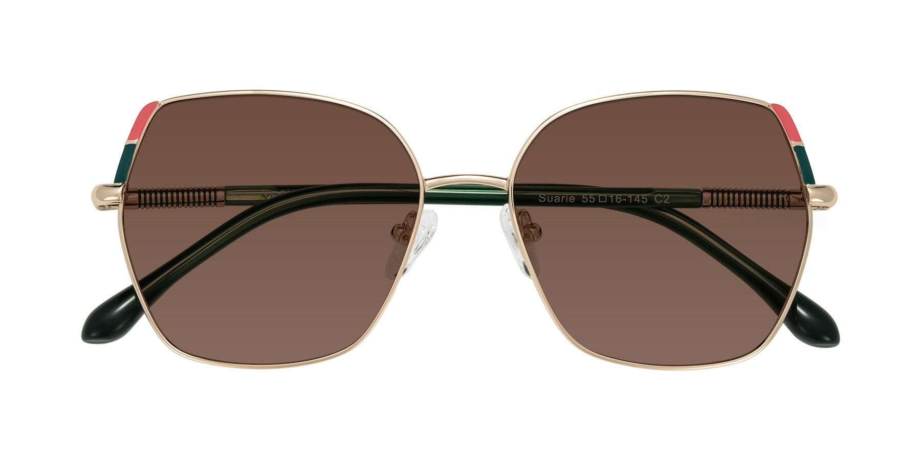 Folded Front of Suarie in Gold/Green with Brown Tinted Lenses