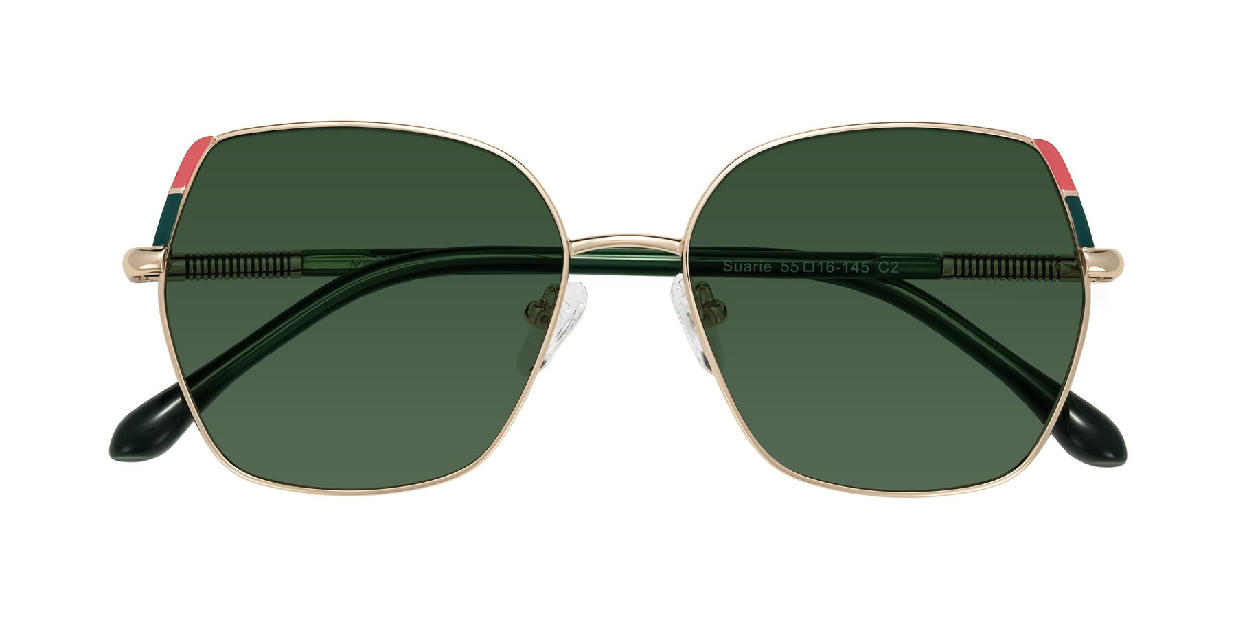 Folded Front of Suarie in Gold/Green with Green Tinted Lenses