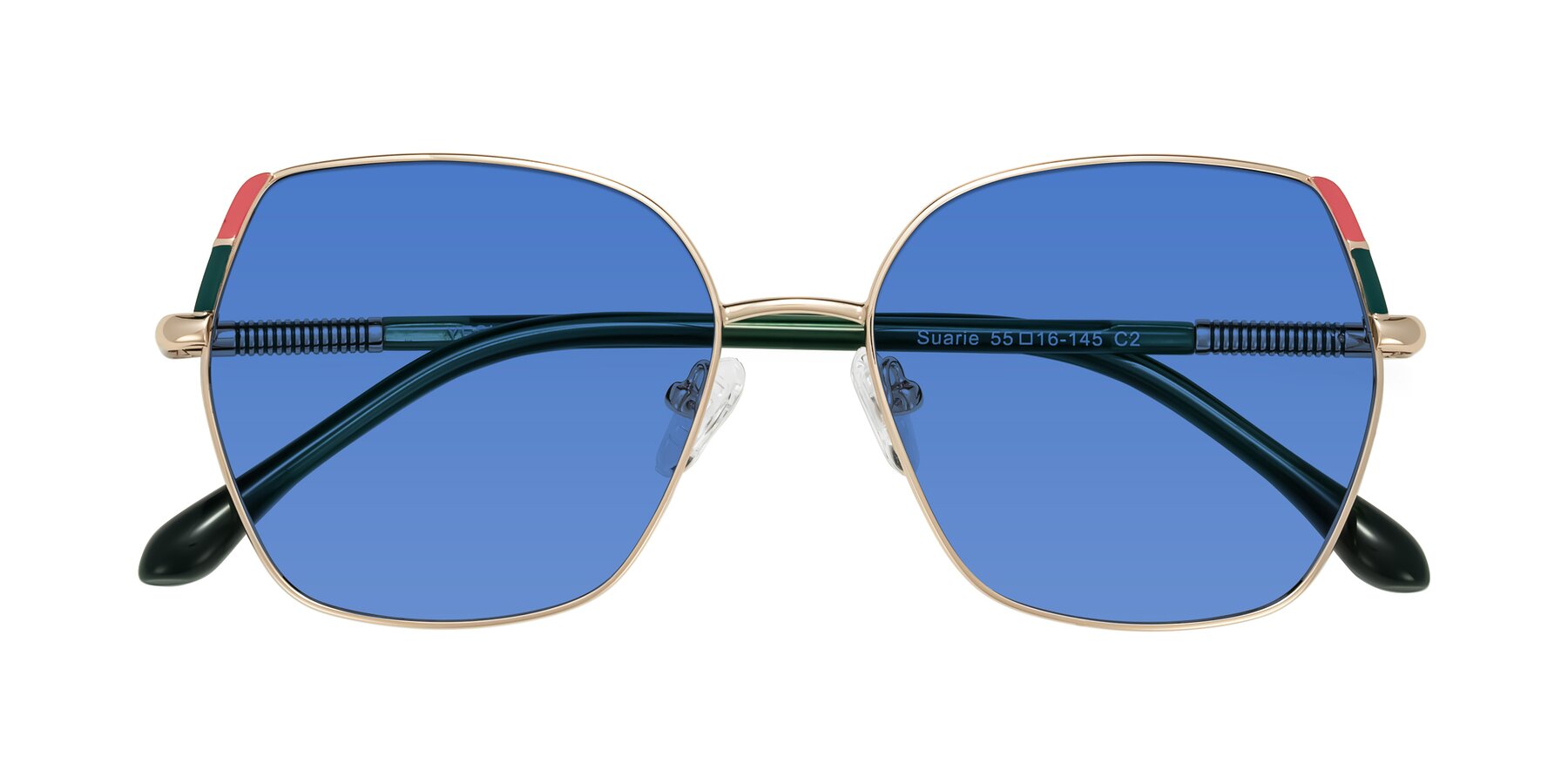 Folded Front of Suarie in Gold/Green with Blue Tinted Lenses