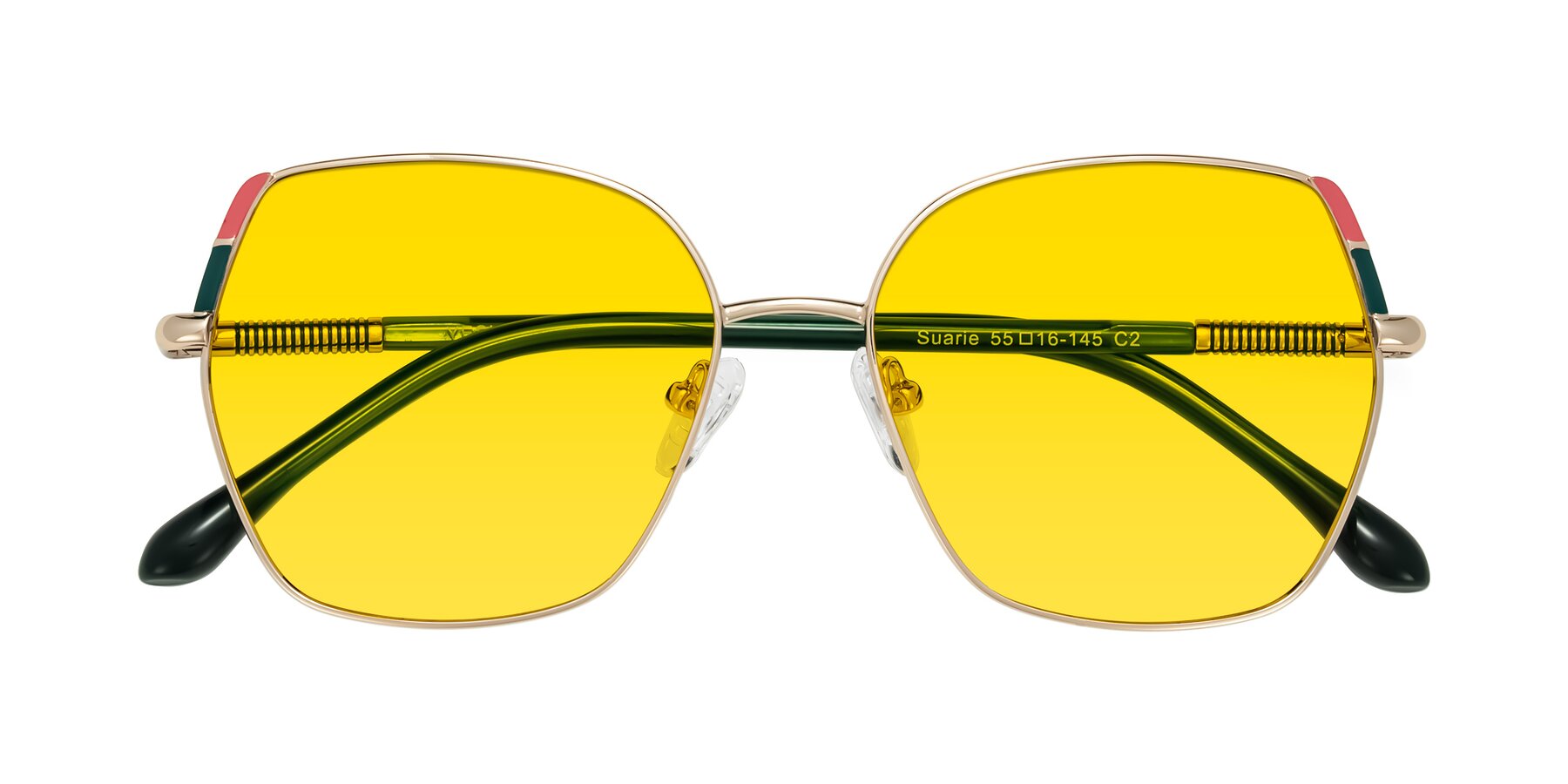 Folded Front of Suarie in Gold/Green with Yellow Tinted Lenses