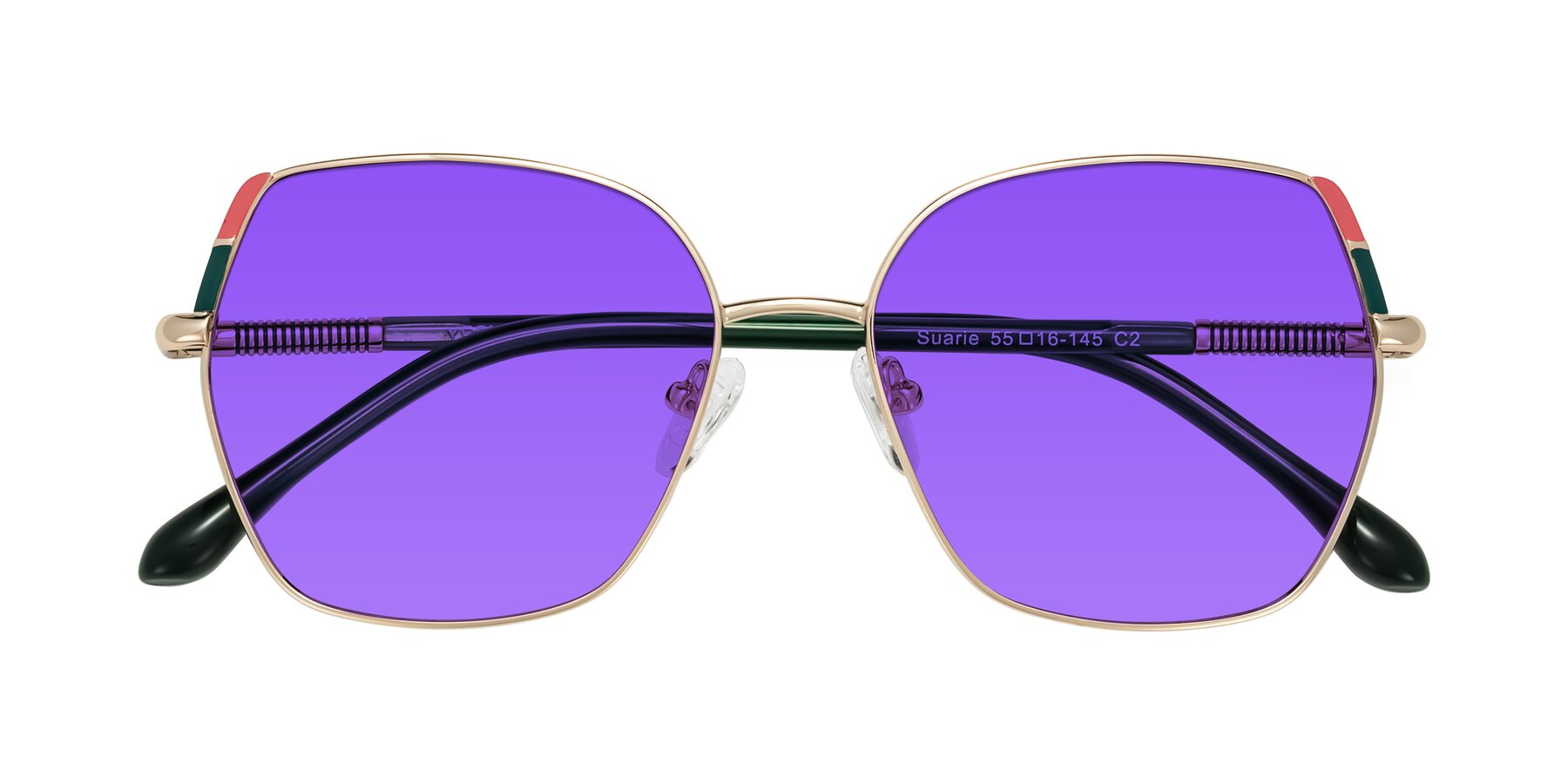 Folded Front of Suarie in Gold/Green with Purple Tinted Lenses
