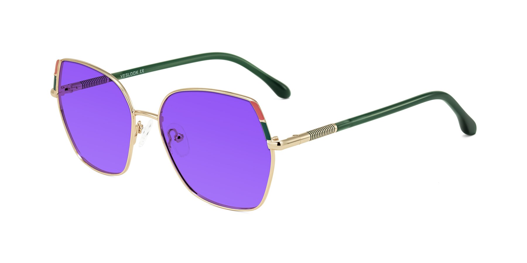 Angle of Suarie in Gold/Green with Purple Tinted Lenses