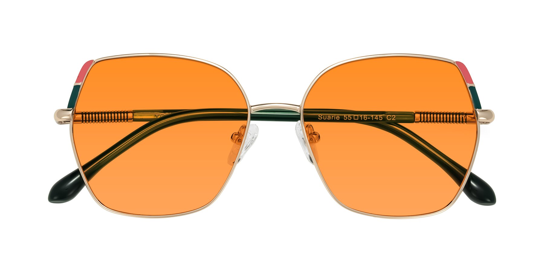 Folded Front of Suarie in Gold/Green with Orange Tinted Lenses