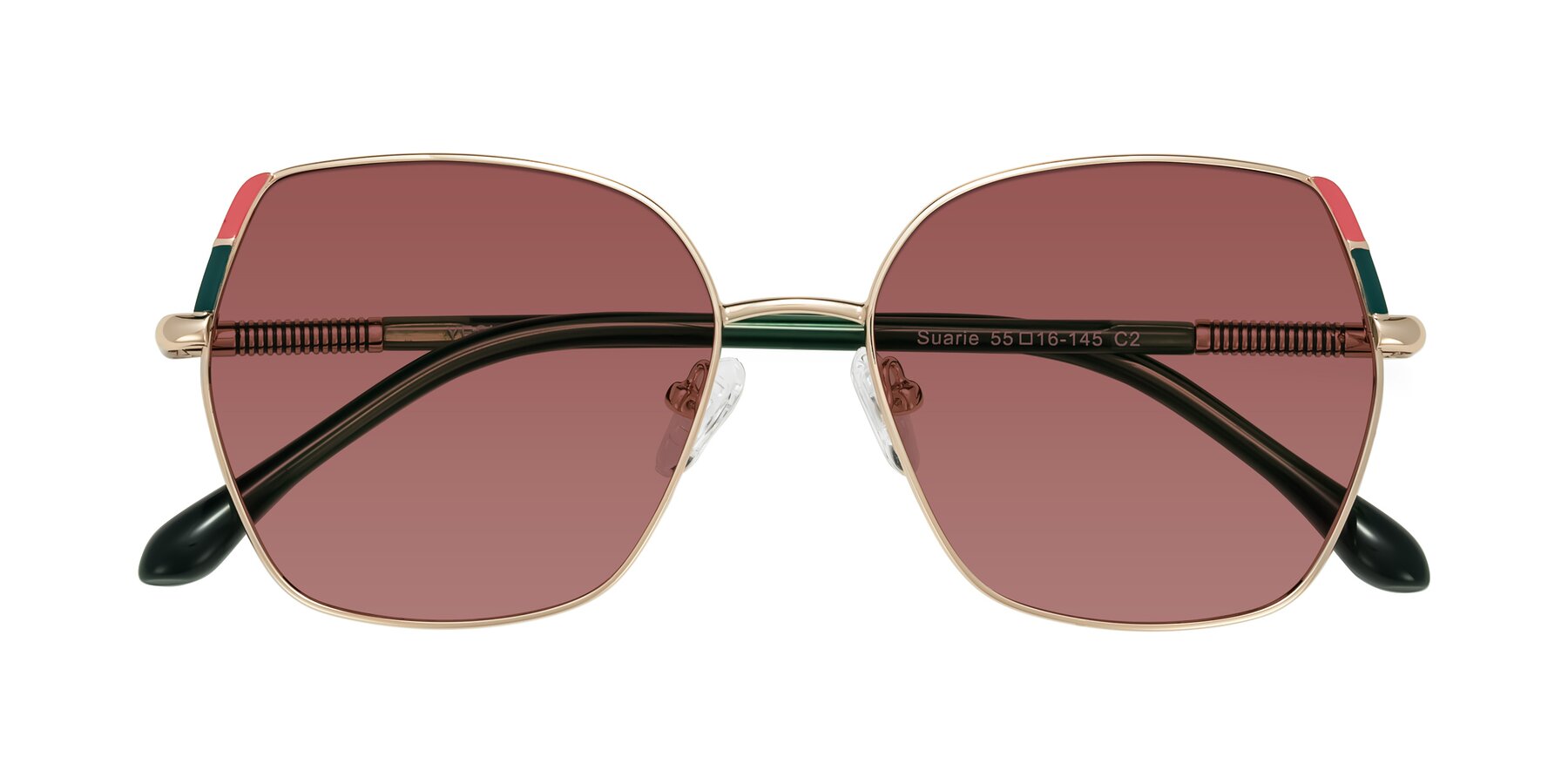 Folded Front of Suarie in Gold/Green with Garnet Tinted Lenses
