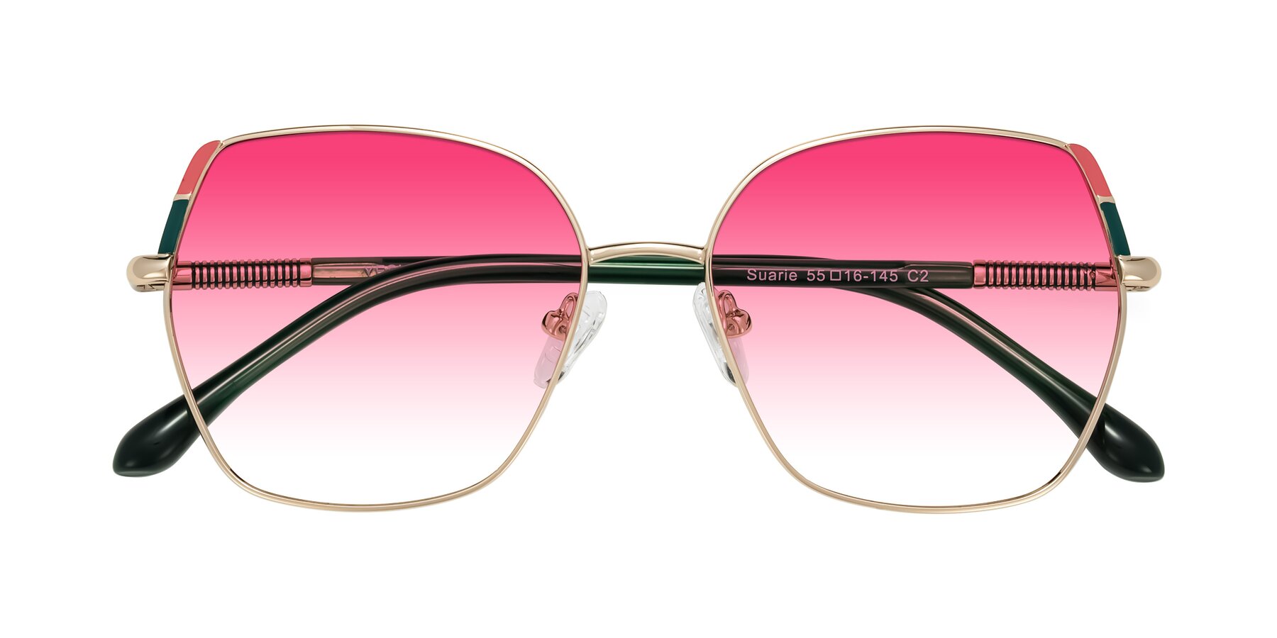Folded Front of Suarie in Gold/Green with Pink Gradient Lenses