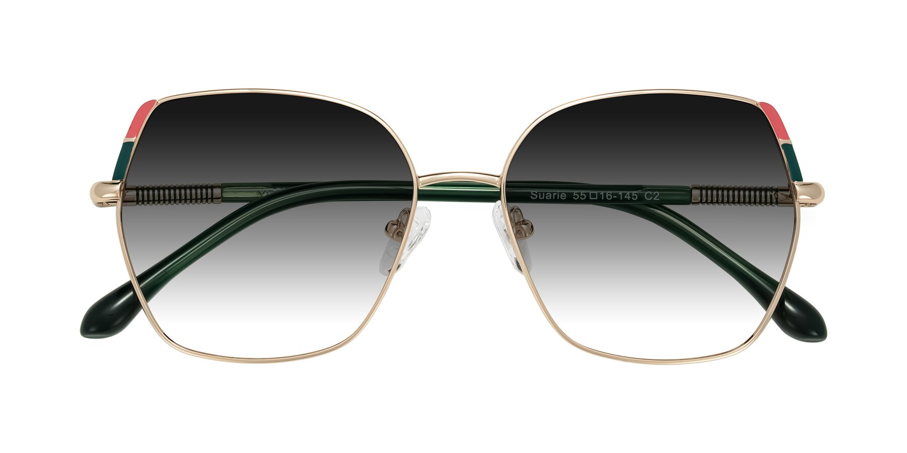 Folded Front of Suarie in Gold/Green with Gray Gradient Lenses