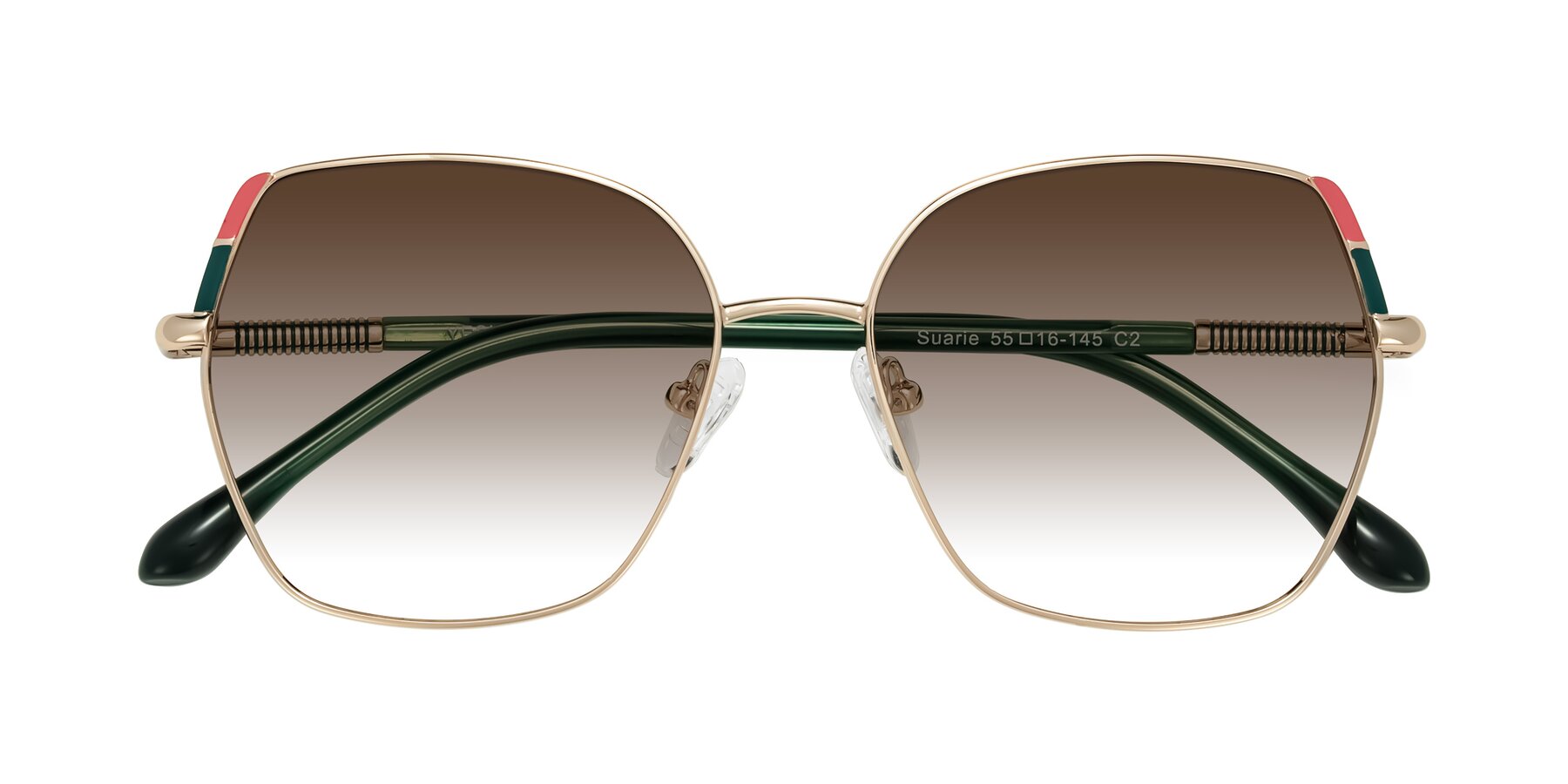 Folded Front of Suarie in Gold/Green with Brown Gradient Lenses