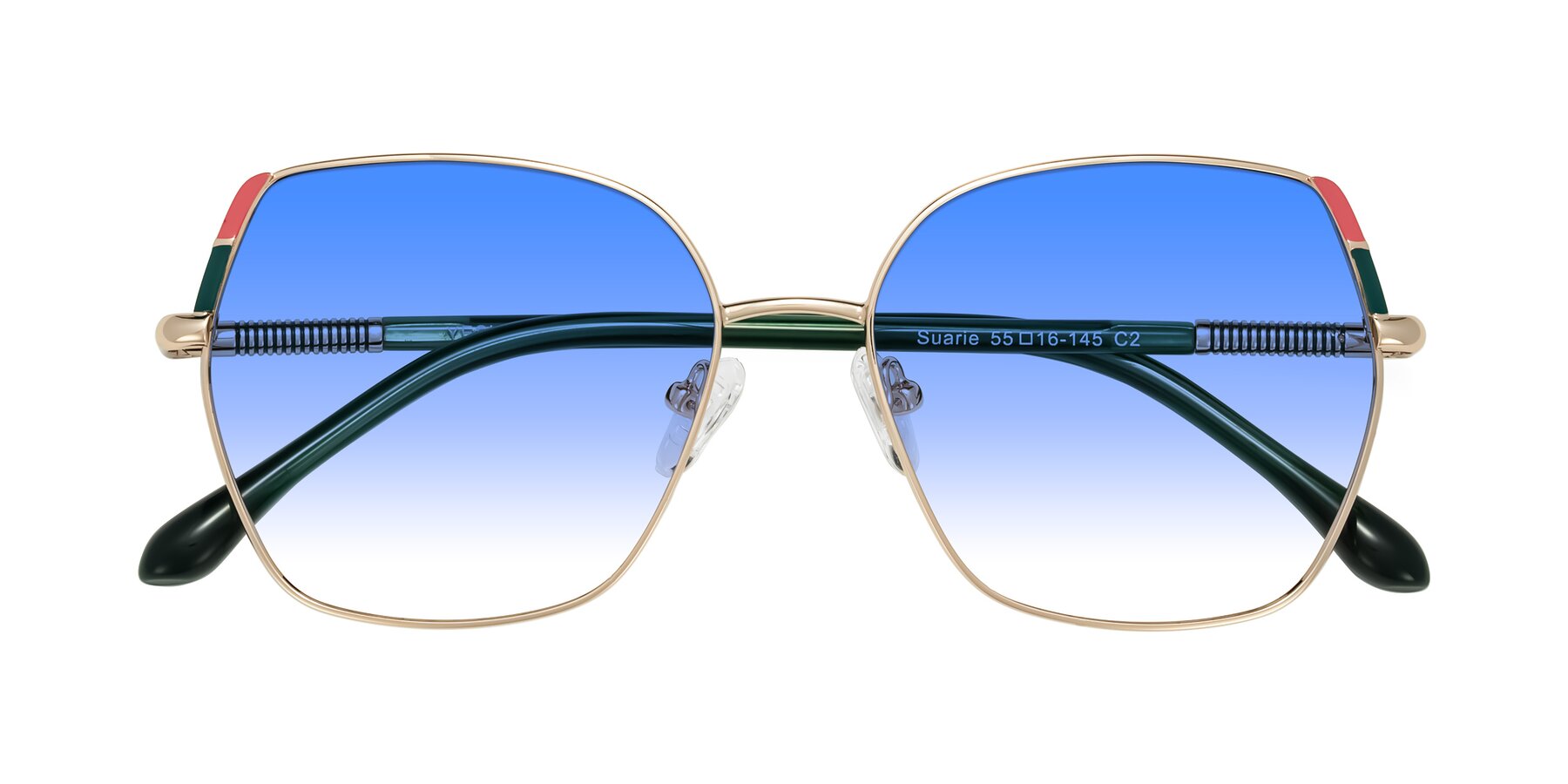 Folded Front of Suarie in Gold/Green with Blue Gradient Lenses