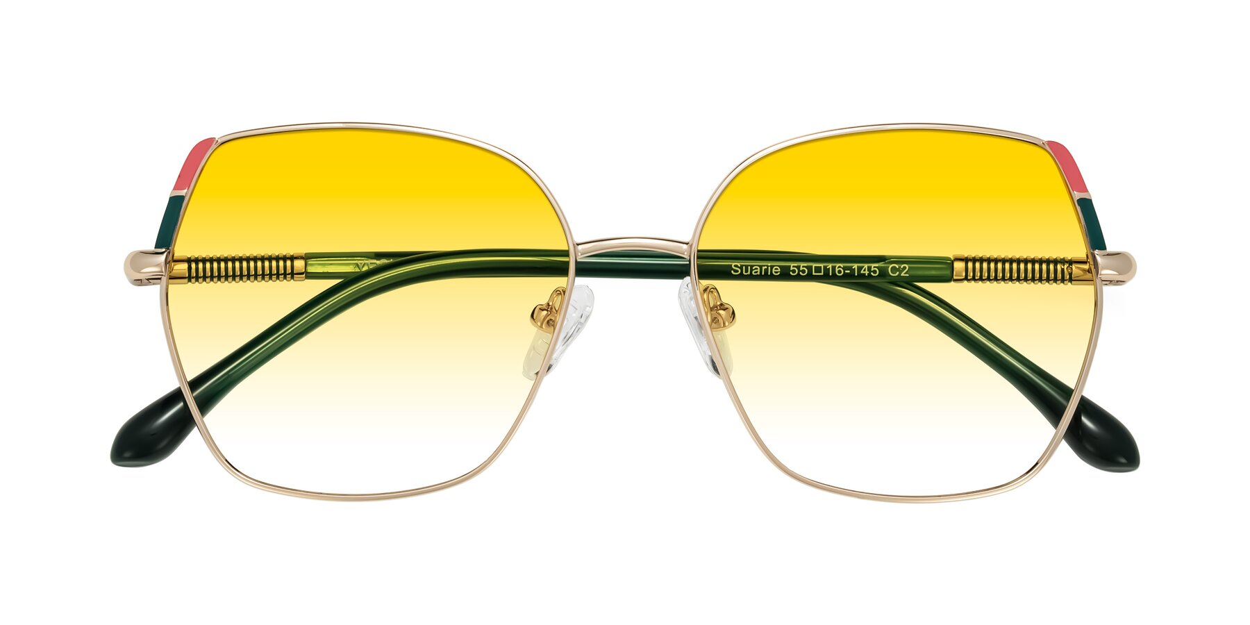 Folded Front of Suarie in Gold/Green with Yellow Gradient Lenses
