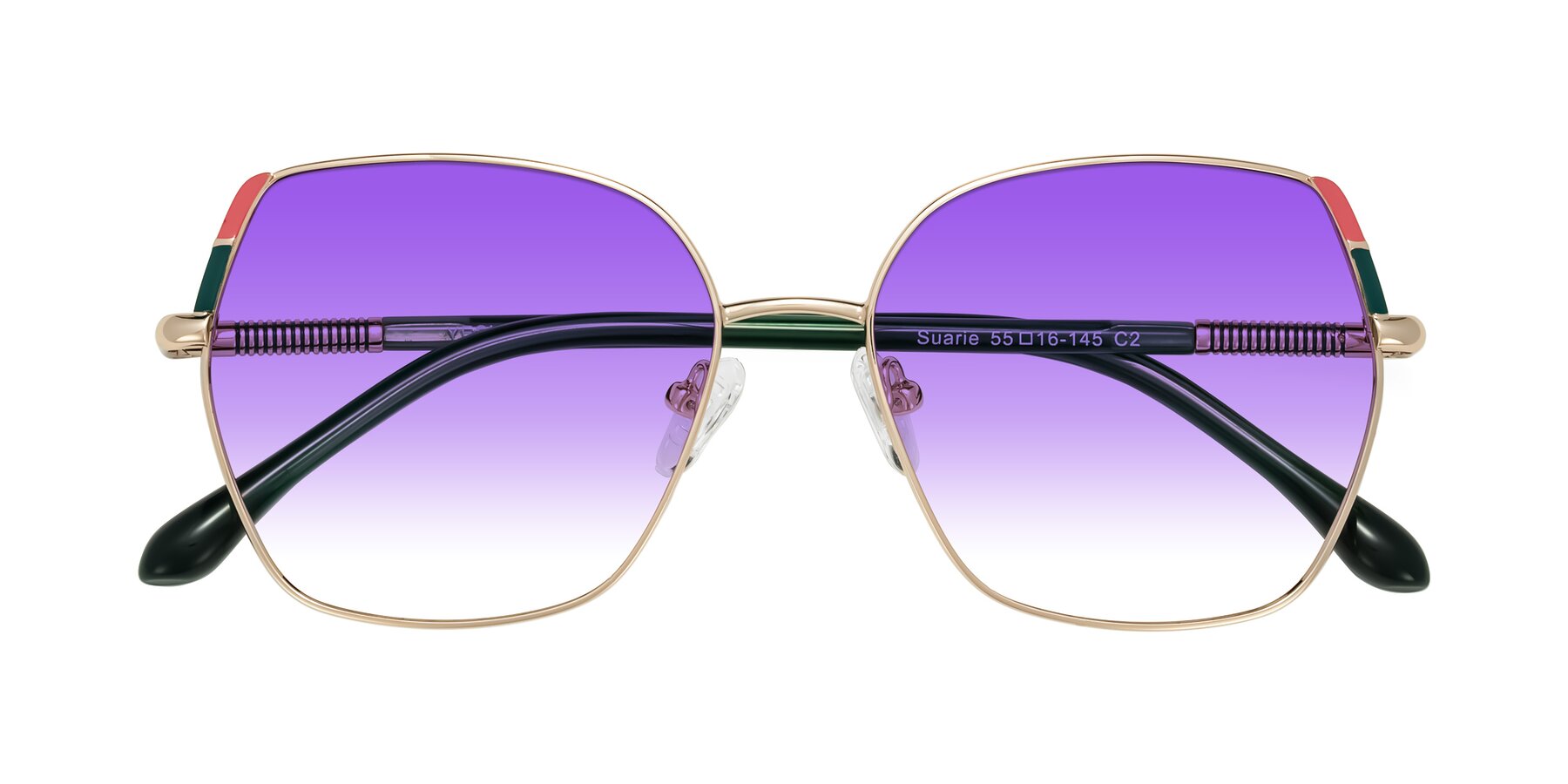 Folded Front of Suarie in Gold/Green with Purple Gradient Lenses