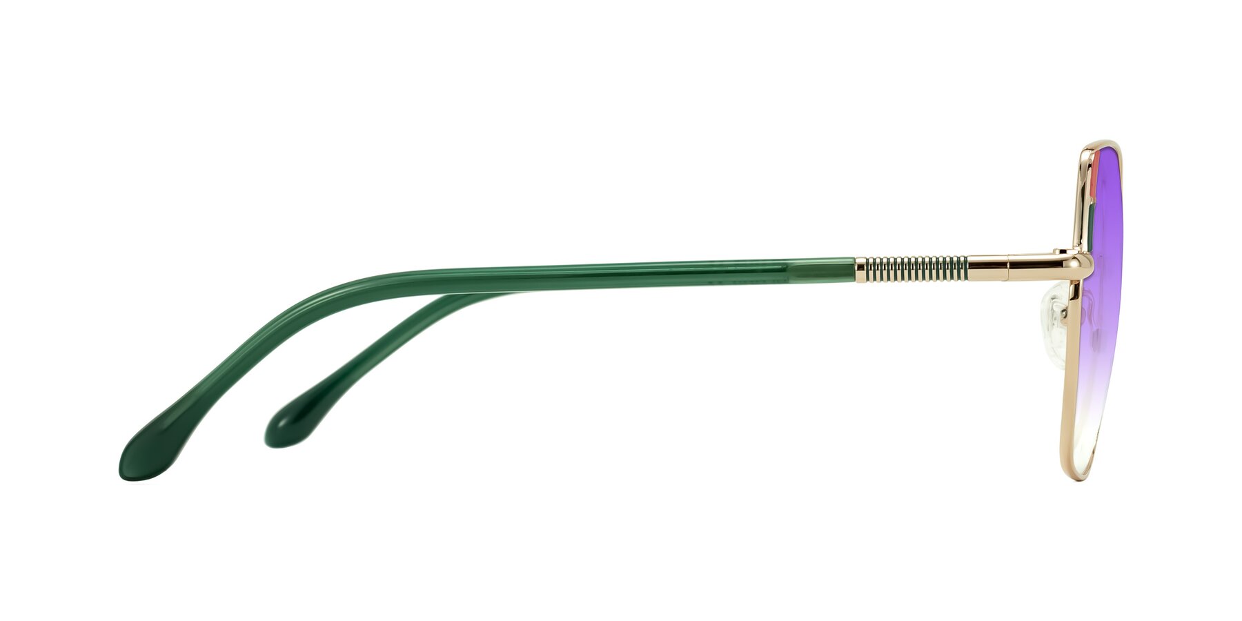 Side of Suarie in Gold/Green with Purple Gradient Lenses