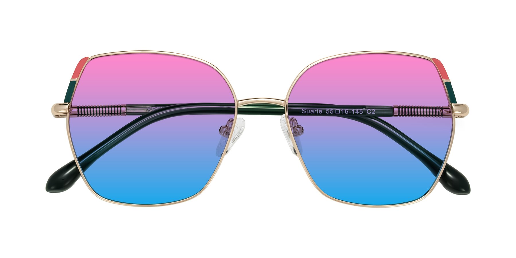 Folded Front of Suarie in Gold/Green with Pink / Blue Gradient Lenses