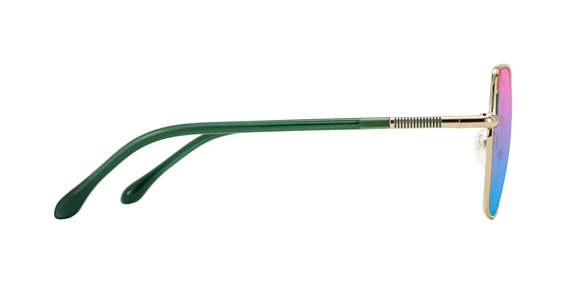 Side of Suarie in Gold/Green with Pink / Blue Gradient Lenses