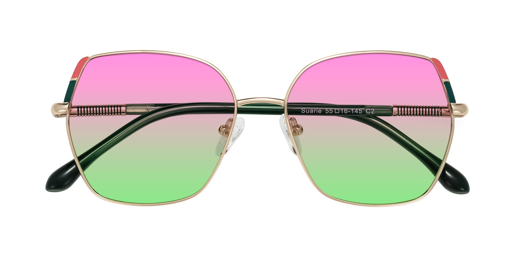 Folded Front of Suarie in Gold/Green with Pink / Green Gradient Lenses
