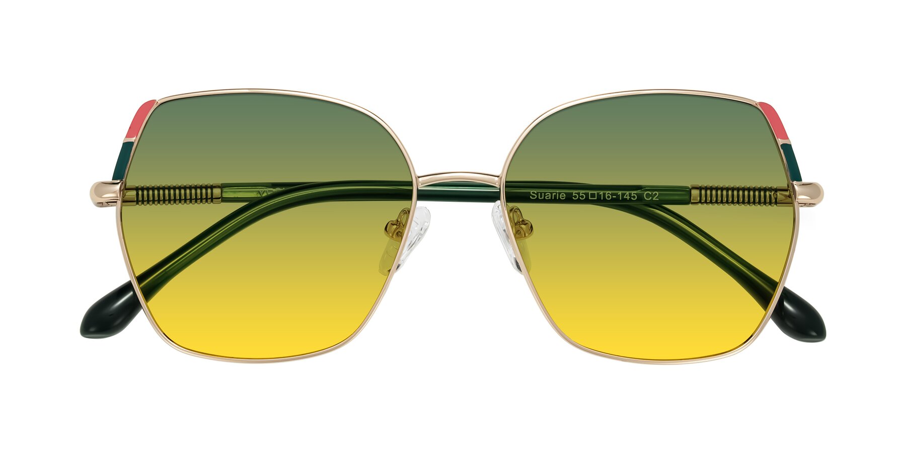 Folded Front of Suarie in Gold/Green with Green / Yellow Gradient Lenses