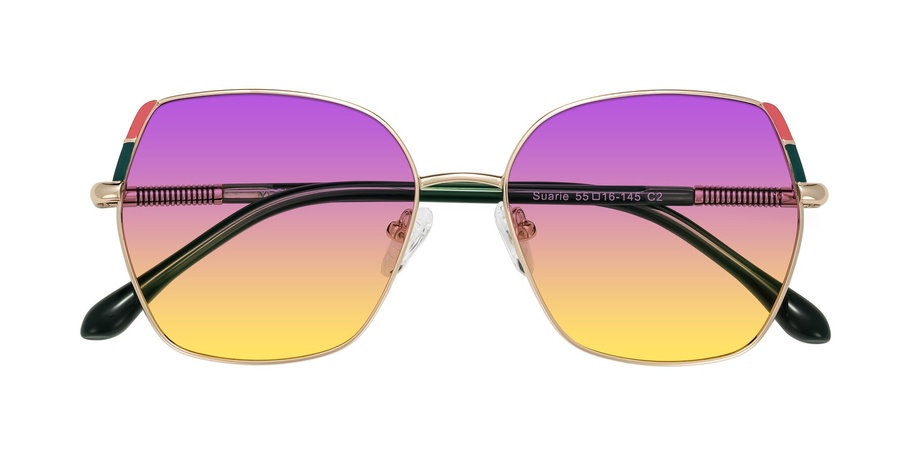 Folded Front of Suarie in Gold/Green with Purple / Yellow Gradient Lenses