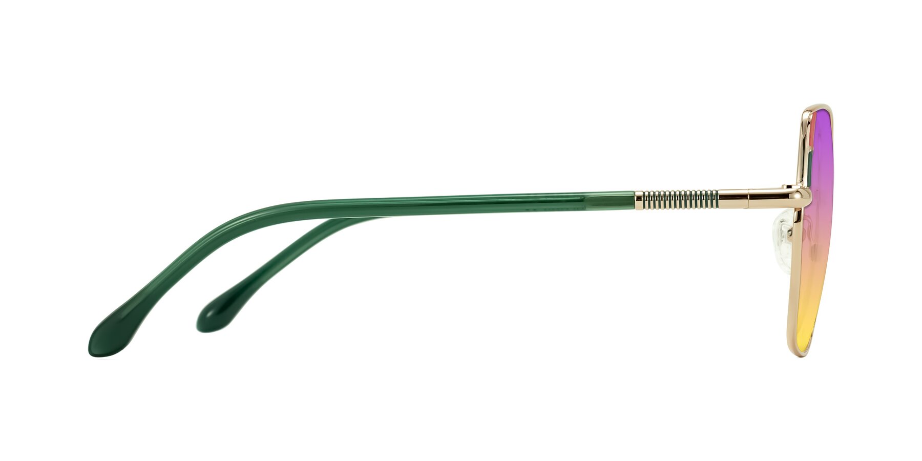 Side of Suarie in Gold/Green with Purple / Yellow Gradient Lenses