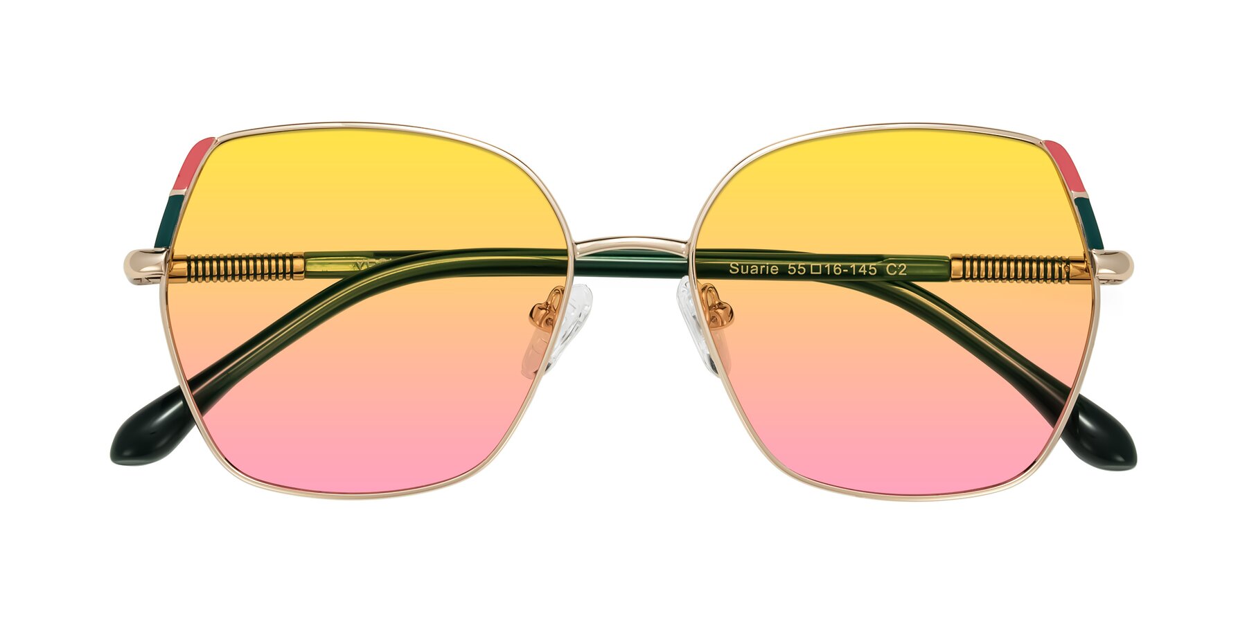 Folded Front of Suarie in Gold/Green with Yellow / Pink Gradient Lenses