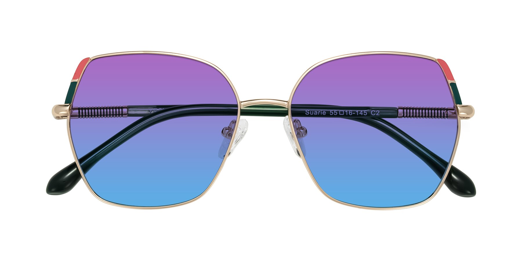 Folded Front of Suarie in Gold/Green with Purple / Blue Gradient Lenses