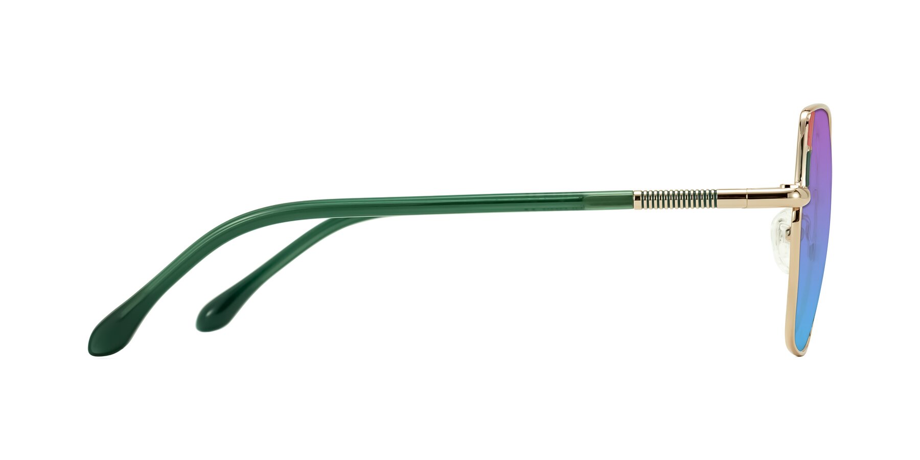 Side of Suarie in Gold/Green with Purple / Blue Gradient Lenses
