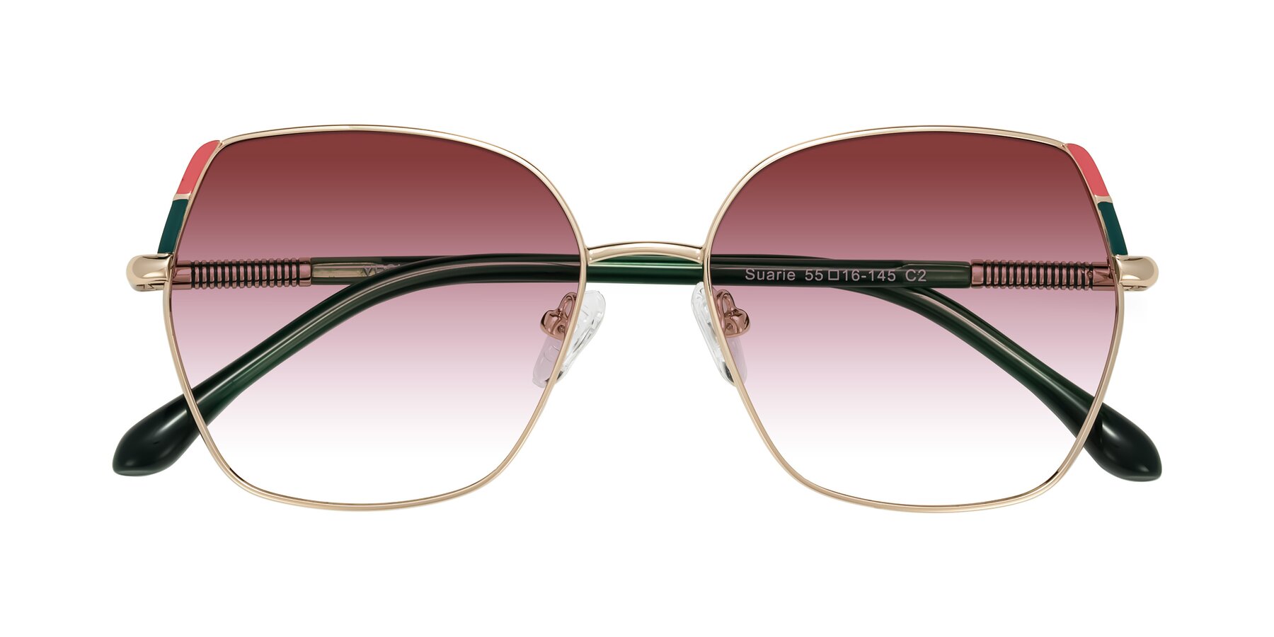 Folded Front of Suarie in Gold/Green with Garnet Gradient Lenses