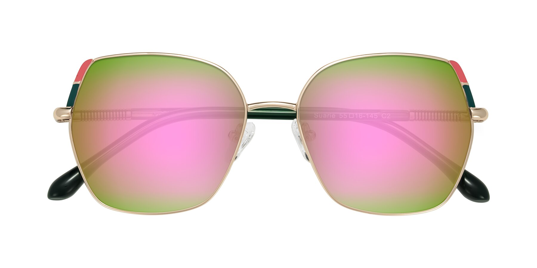 Folded Front of Suarie in Gold/Green with Pink Mirrored Lenses