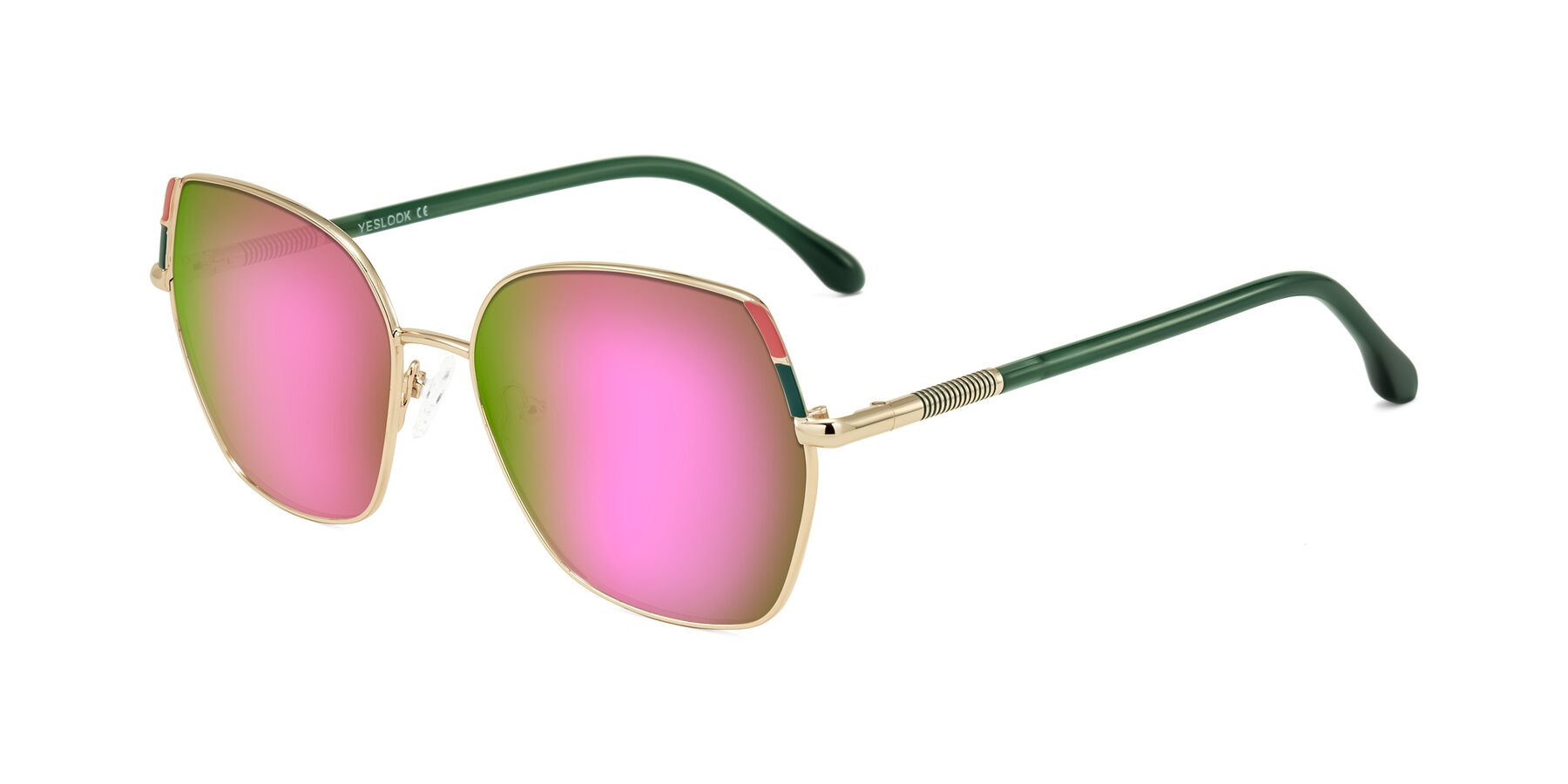 Angle of Suarie in Gold/Green with Pink Mirrored Lenses