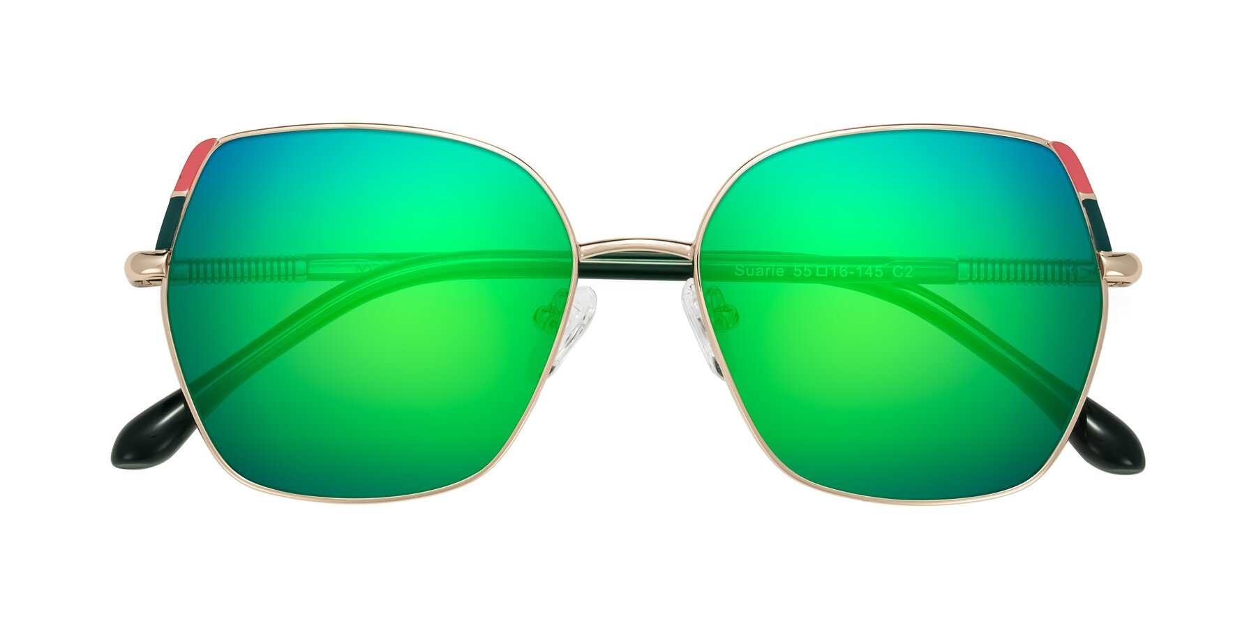 Folded Front of Suarie in Gold/Green with Green Mirrored Lenses