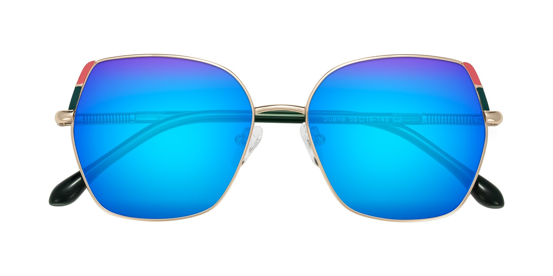 Folded Front of Suarie in Gold/Green with Blue Mirrored Lenses