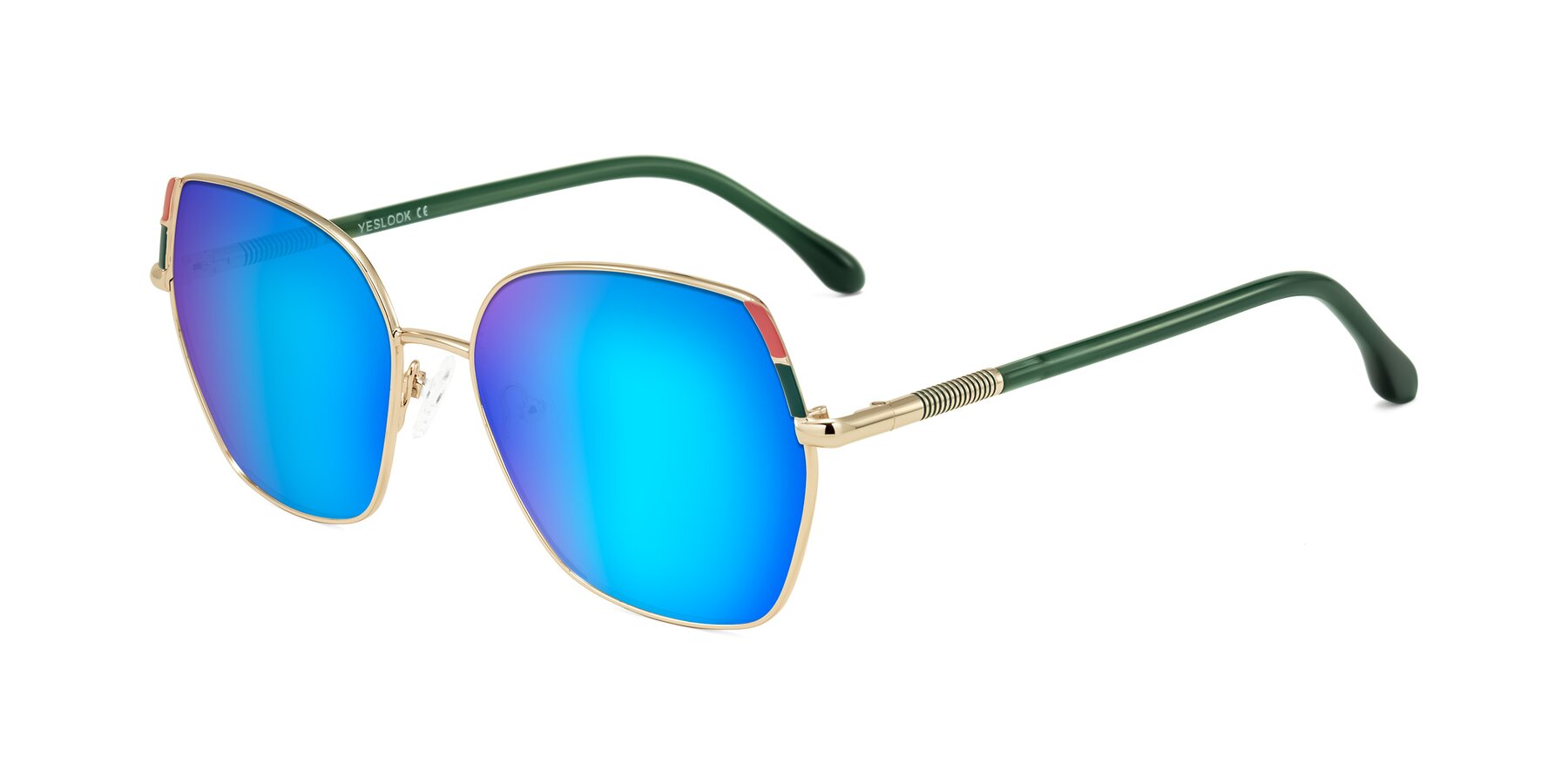 Angle of Suarie in Gold/Green with Blue Mirrored Lenses