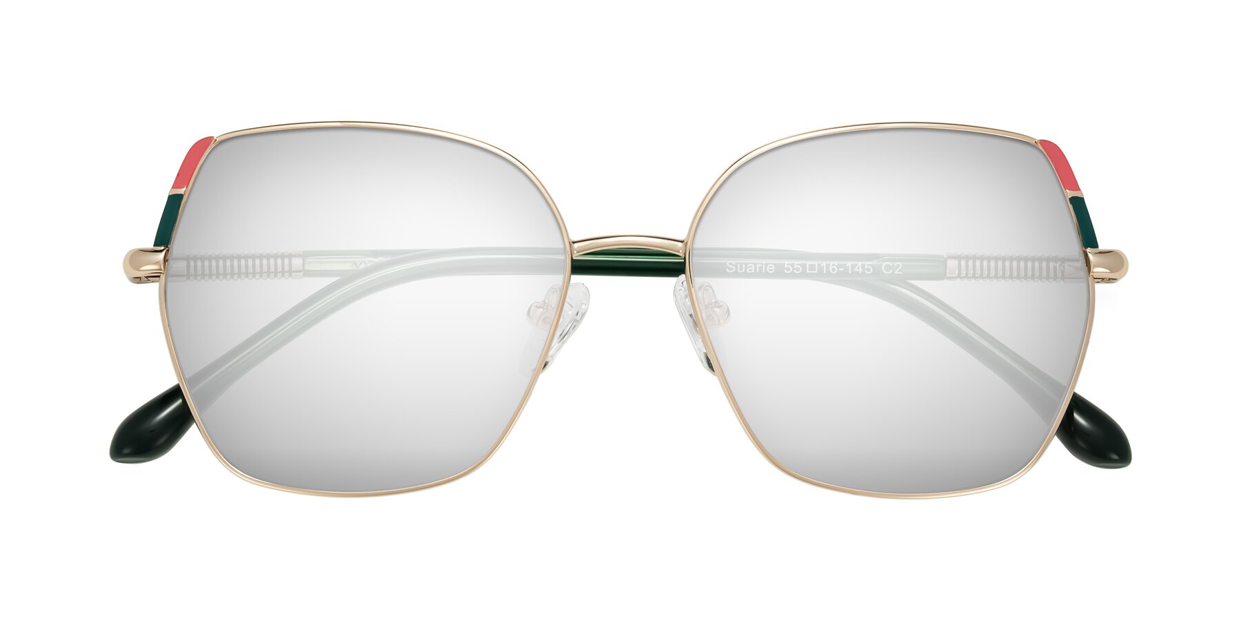 Folded Front of Suarie in Gold/Green with Silver Mirrored Lenses