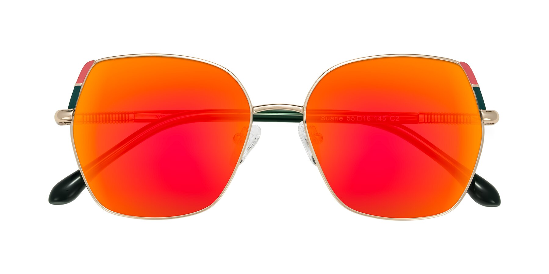 Folded Front of Suarie in Gold/Green with Red Gold Mirrored Lenses