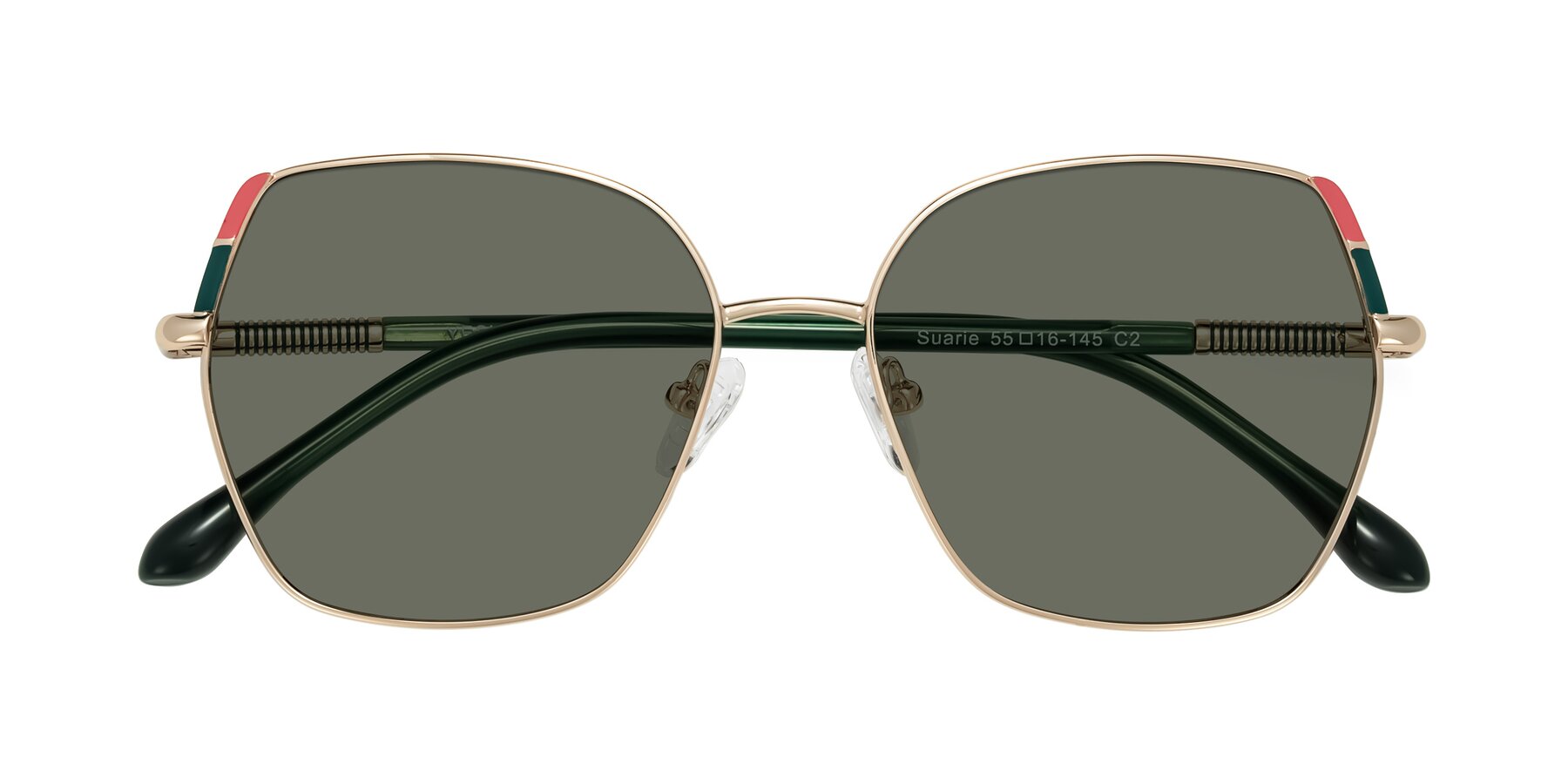 Folded Front of Suarie in Gold/Green with Gray Polarized Lenses