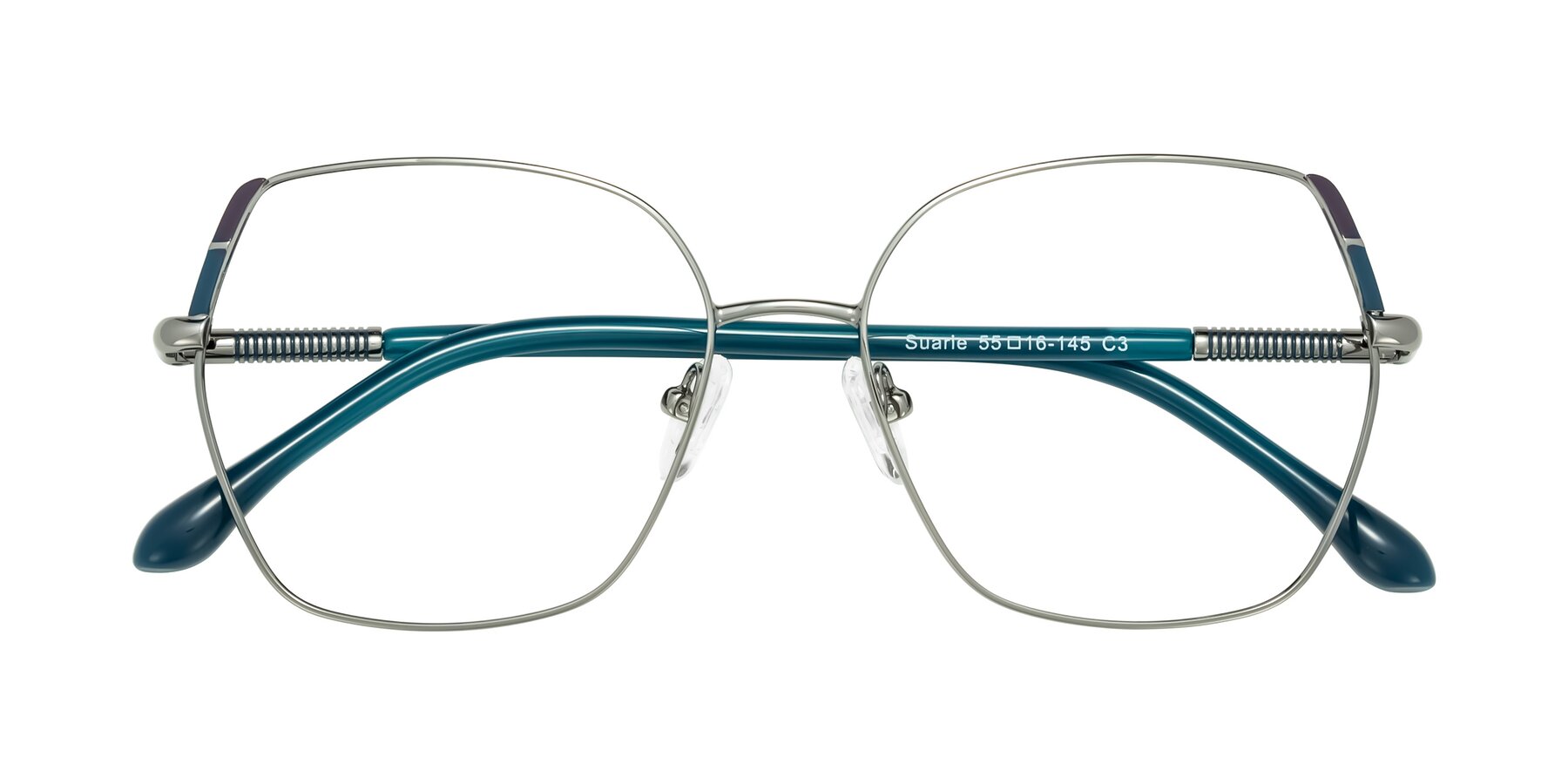 Folded Front of Suarie in Gunmetal/Teal with Clear Eyeglass Lenses