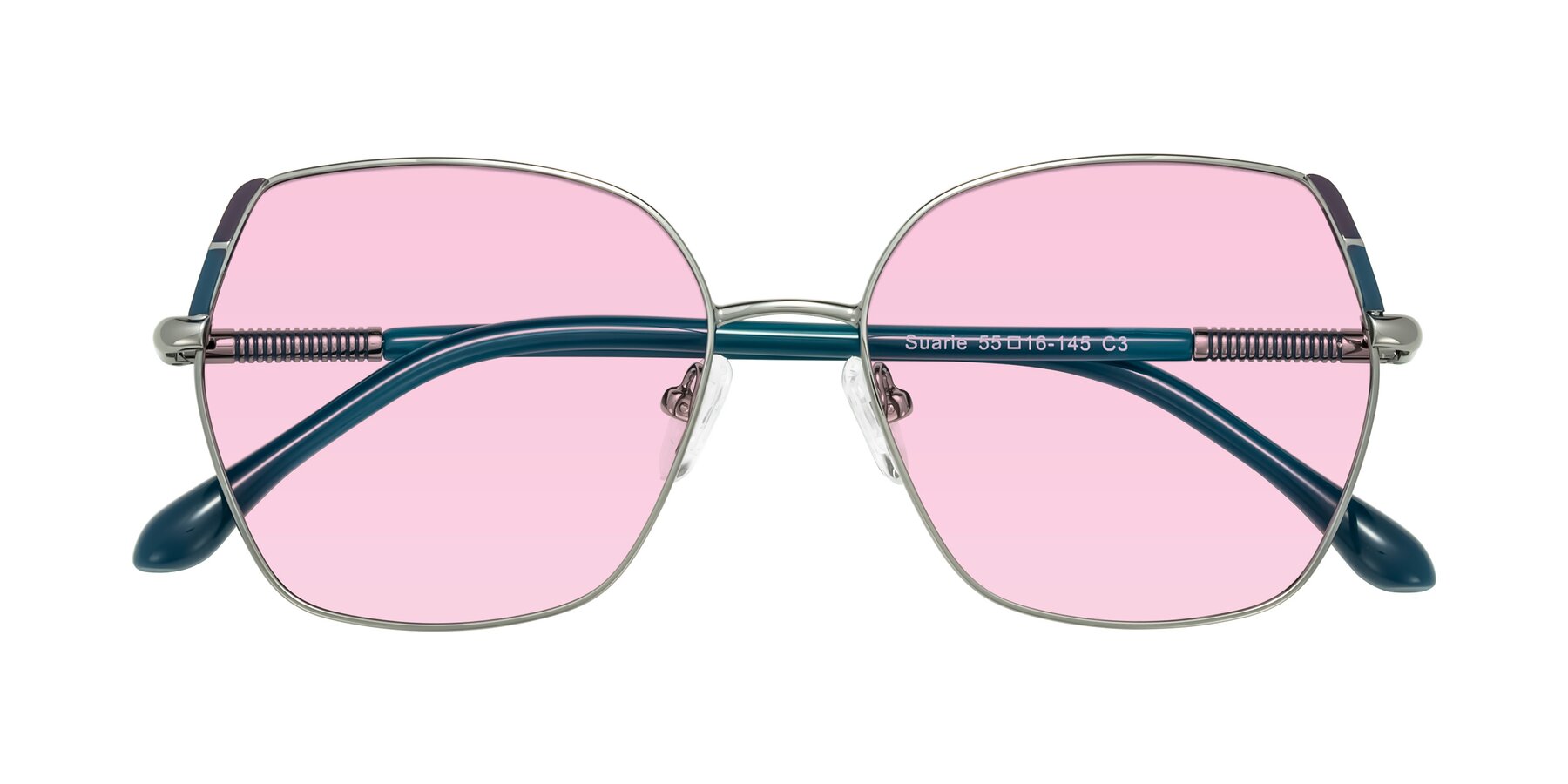 Folded Front of Suarie in Gunmetal/Teal with Light Pink Tinted Lenses