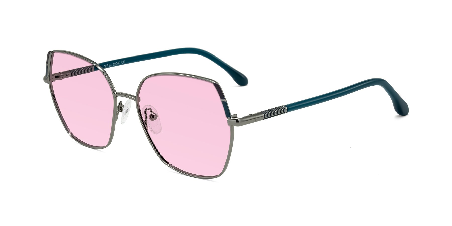 Angle of Suarie in Gunmetal/Teal with Light Pink Tinted Lenses