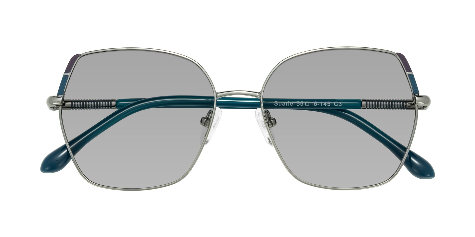 Folded Front of Suarie in Gunmetal/Teal with Light Gray Tinted Lenses